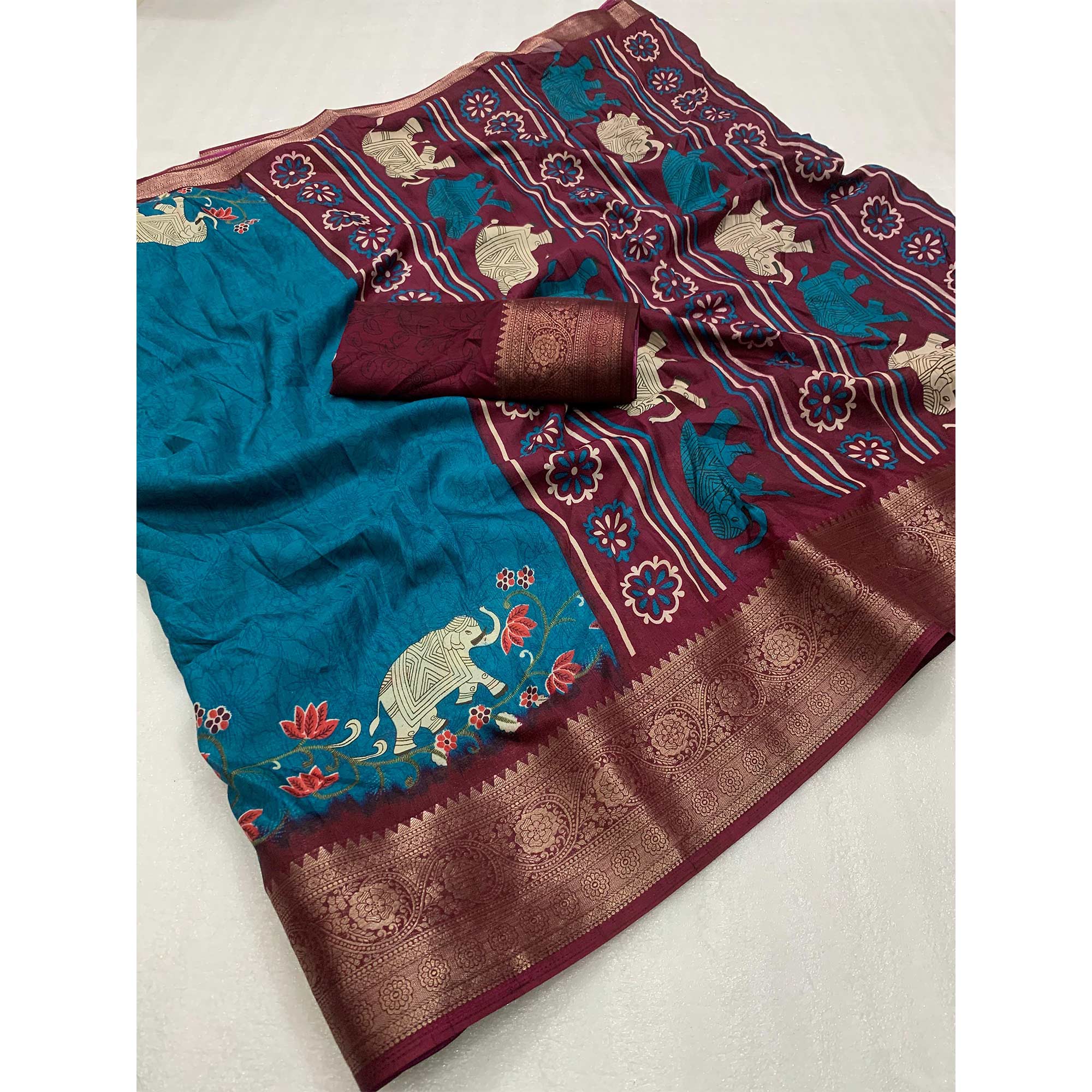 Blue Printed Dola Silk Saree