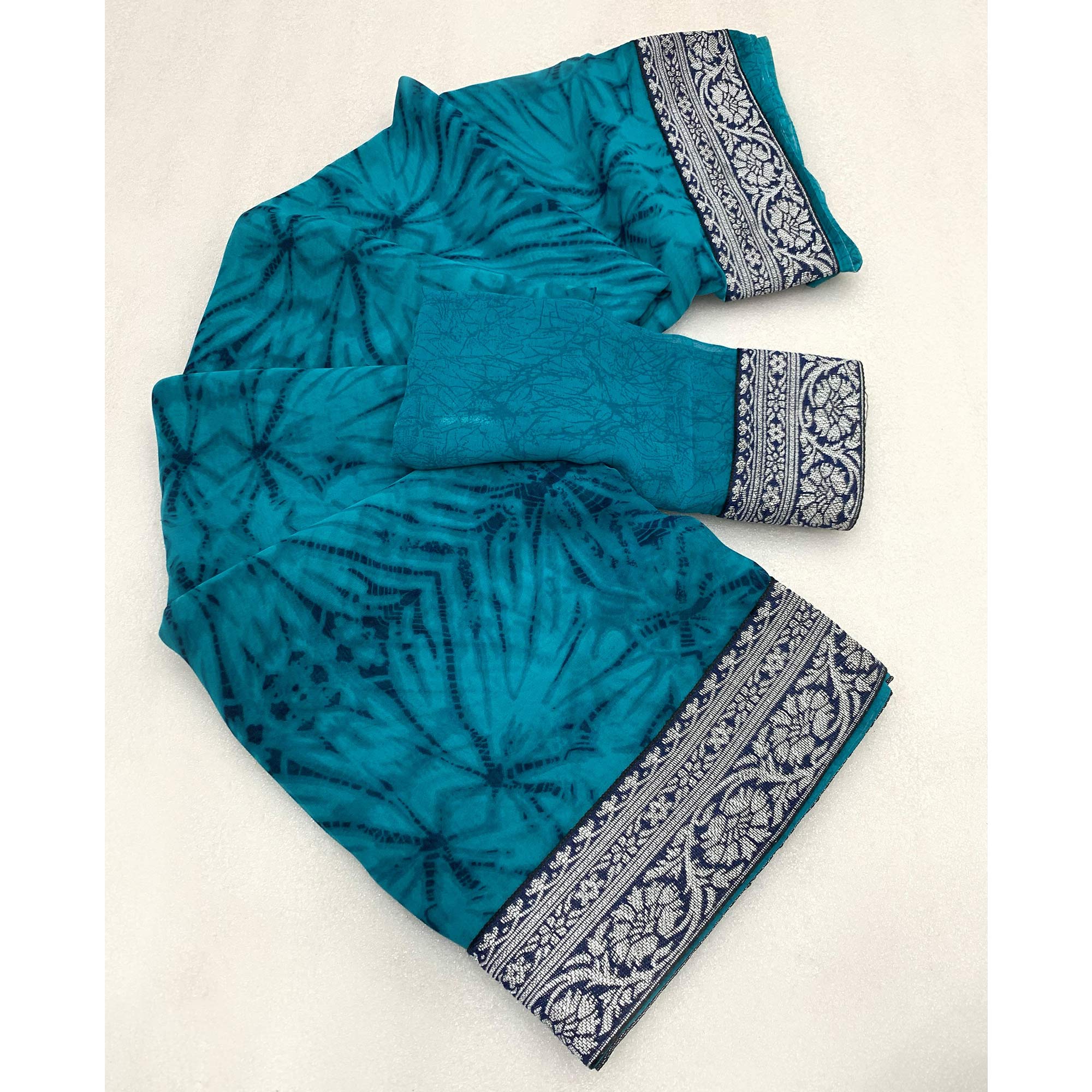 Rama Blue Shibori Printed Georgette Saree With Woven Border
