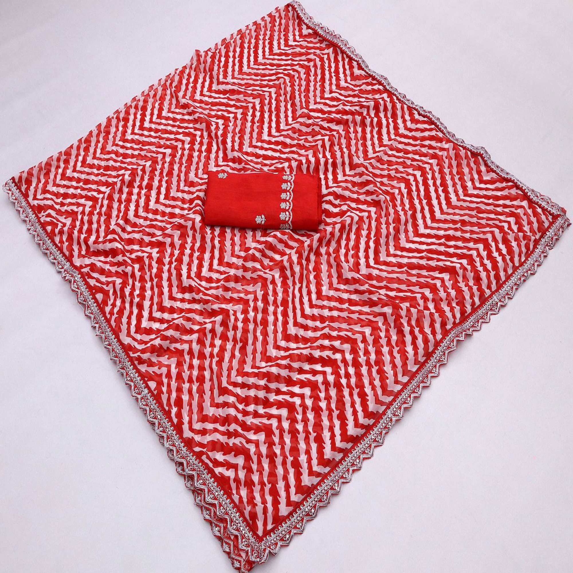 Red Zig Zag Printed Georgette Saree With Sequins Embroidered Border