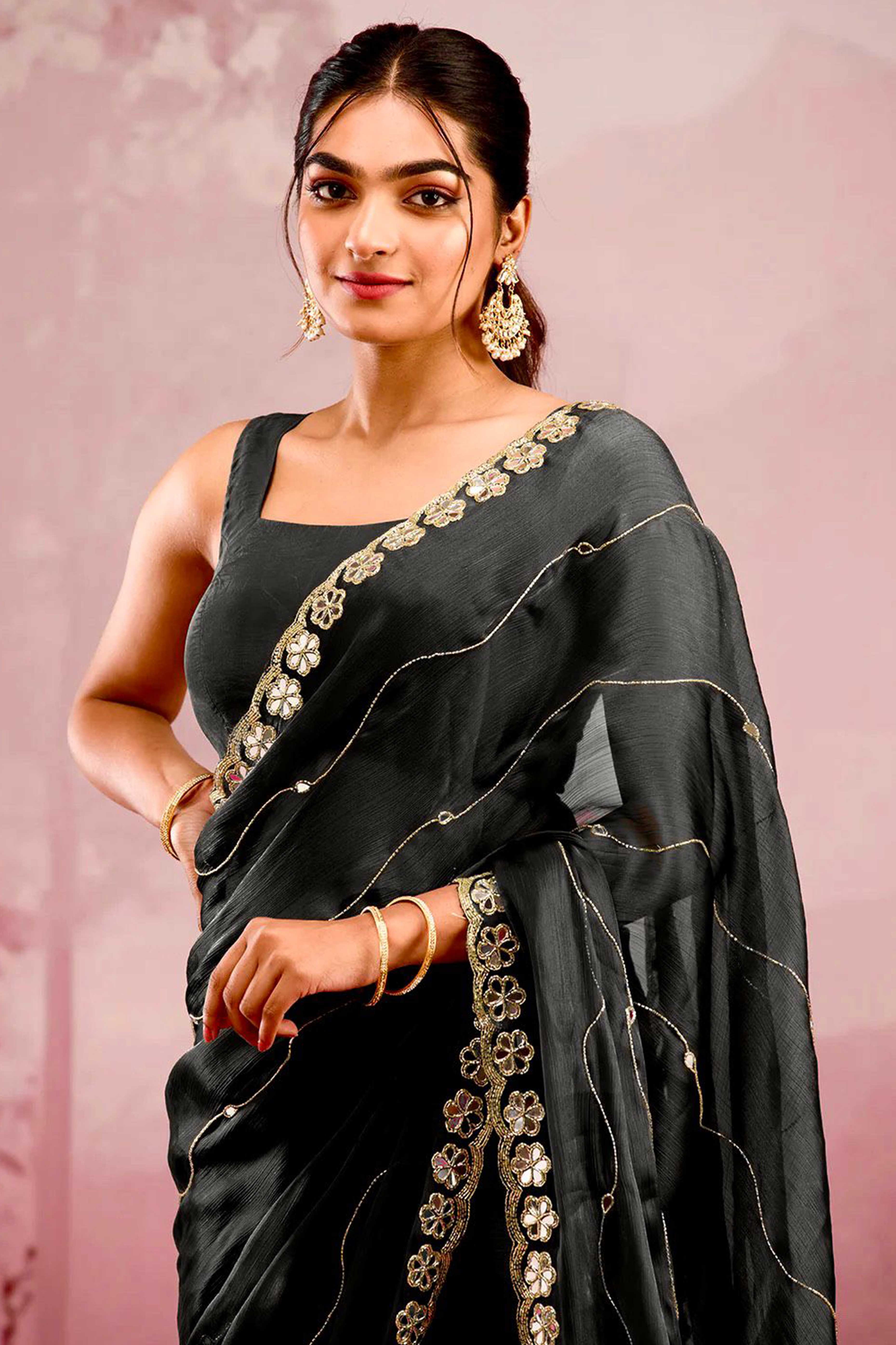 Black Art Silk Saree Highlighted with Embroidery & Mirror Detailing