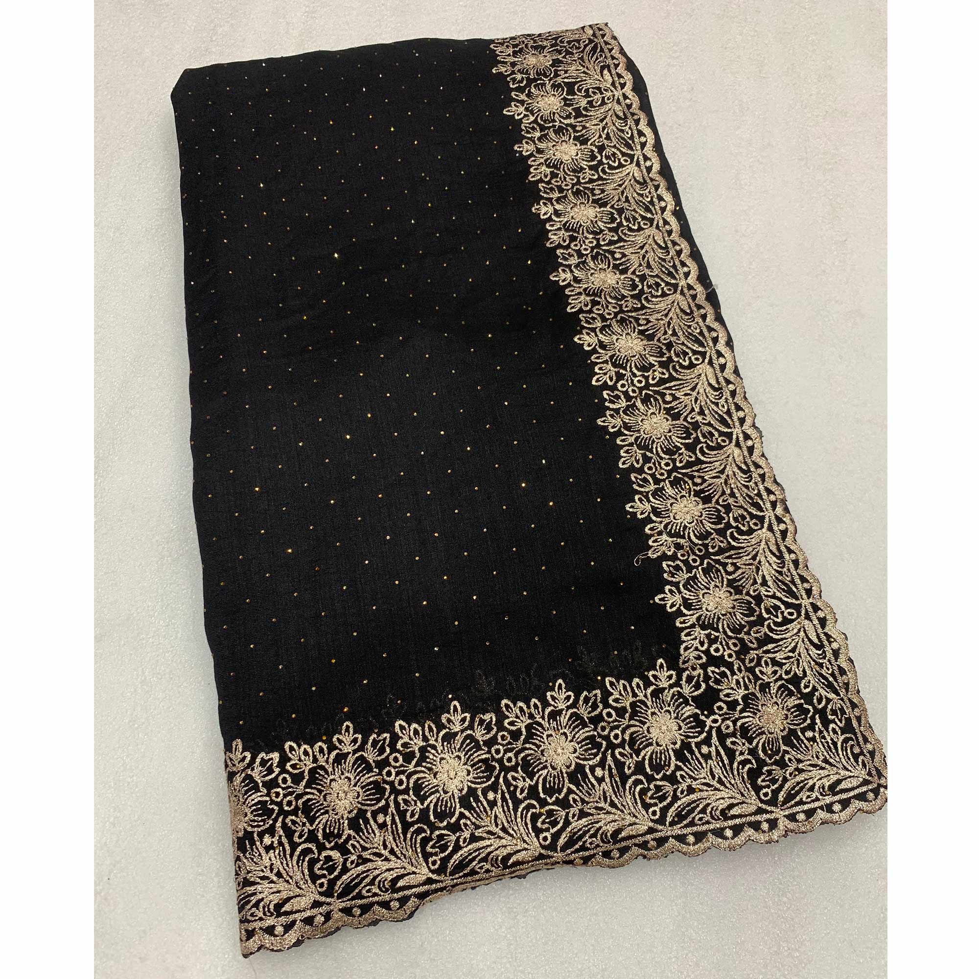Black Embroidered With Swarovski Work Vichitra Silk Saree