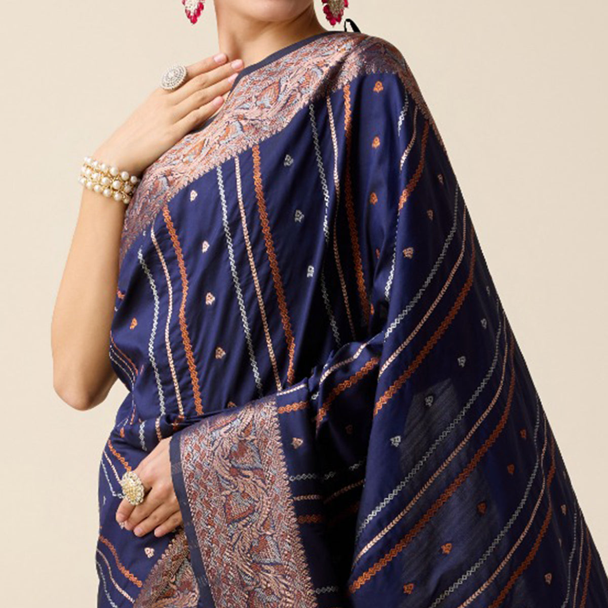 Navy Blue Floral Woven Pure Silk Saree