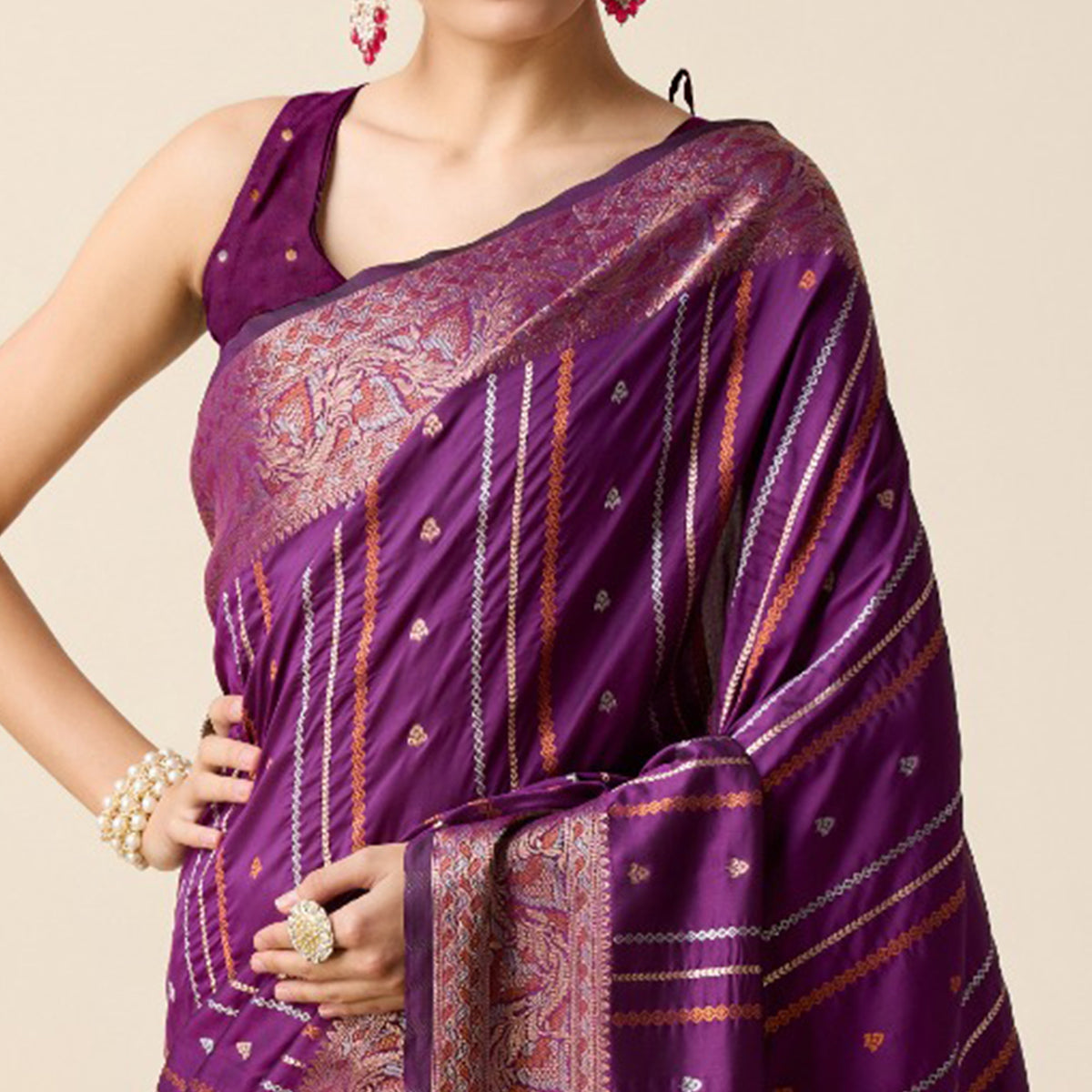 Purple Floral Woven Pure Silk Saree