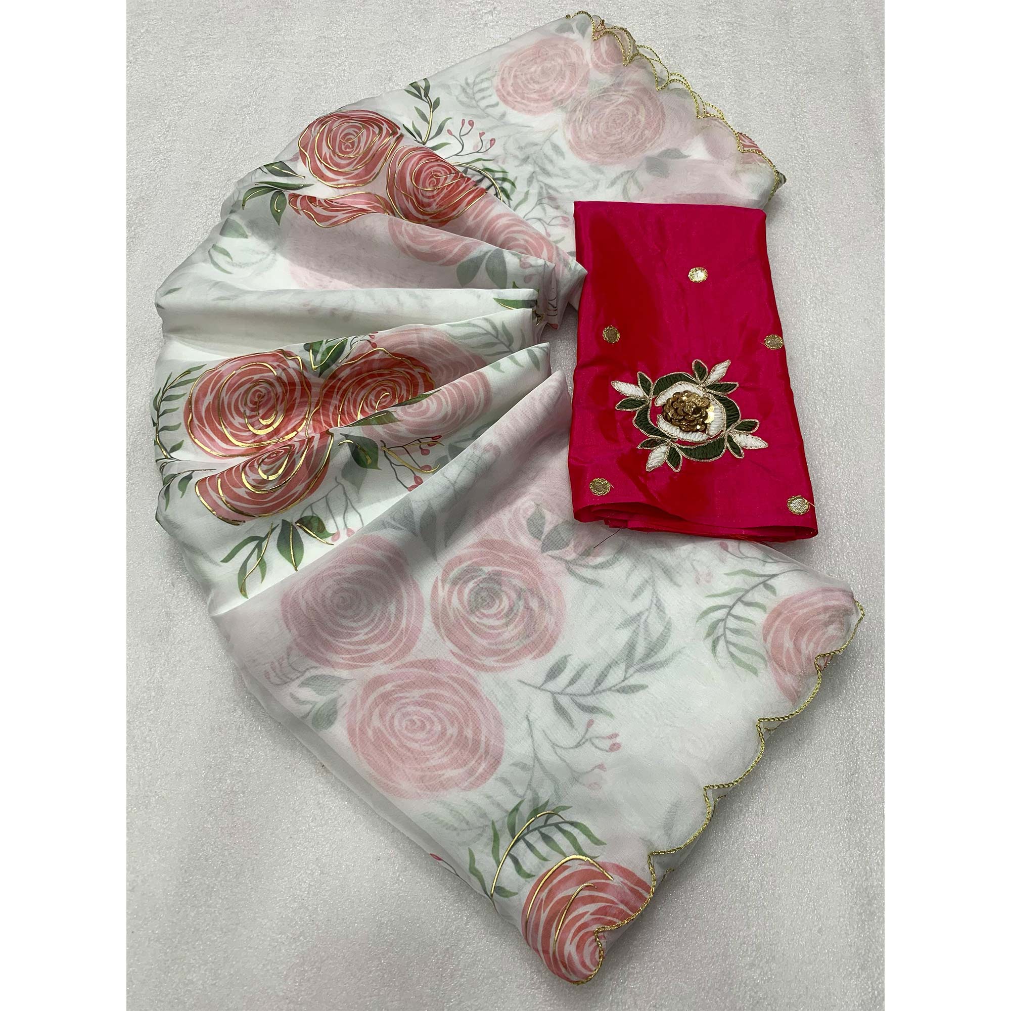 White Floral Foil Printed Organza Saree