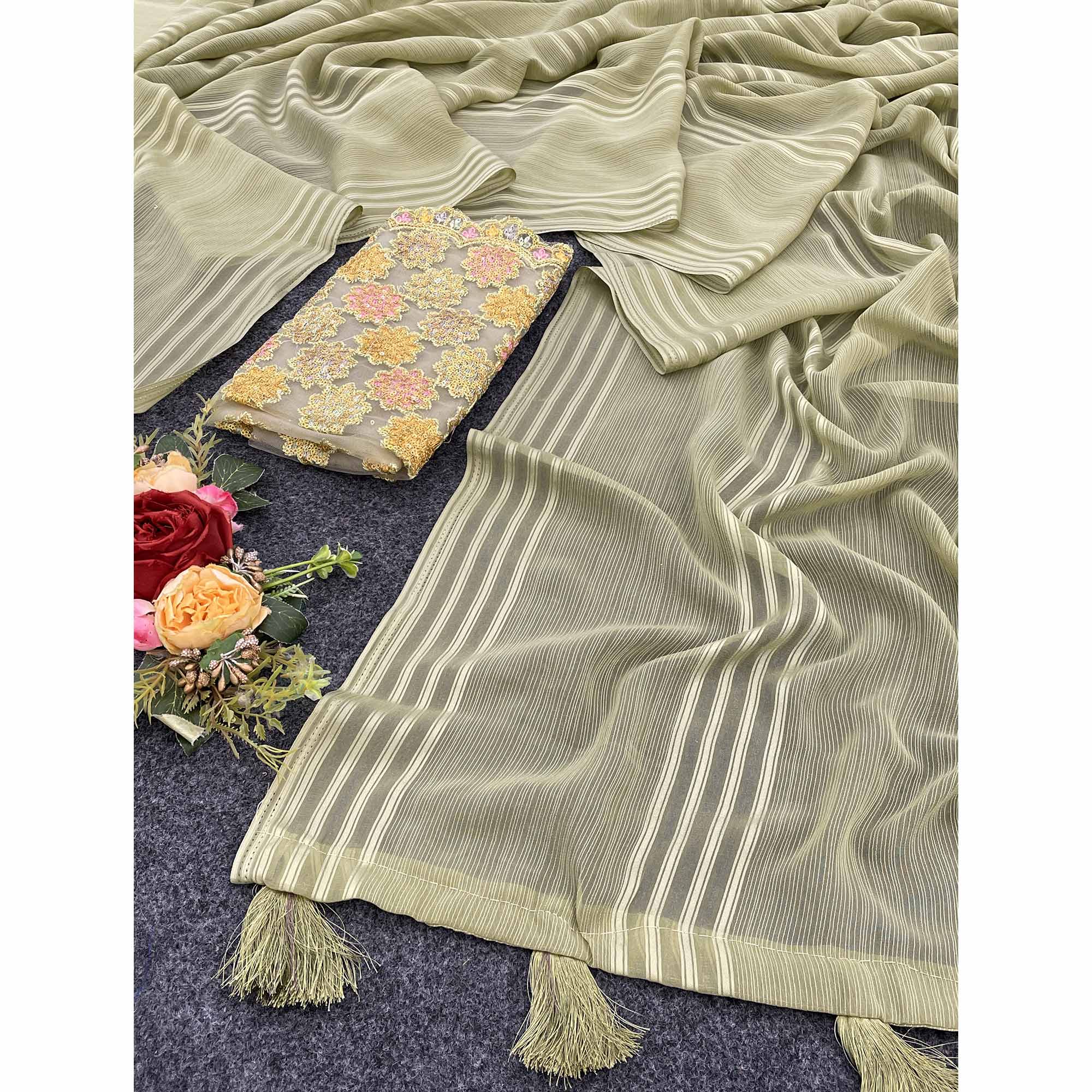 Green Zari Striped Woven Georgette Saree