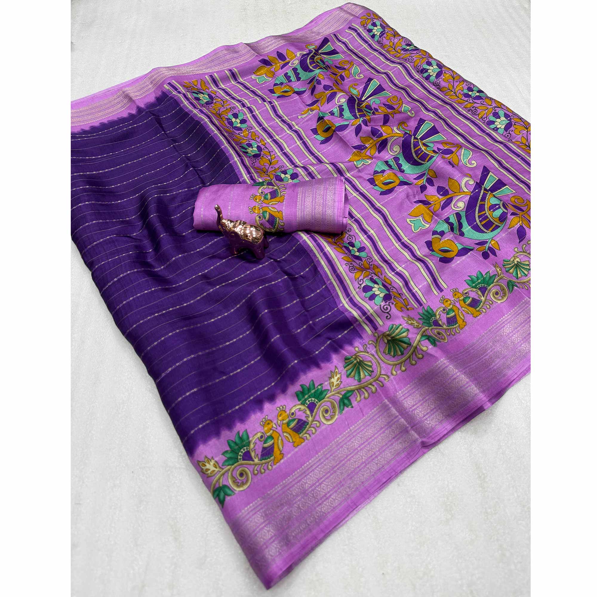 Elegant Purple Floral & Striped Pattern Zari Weaving Dola Silk Saree