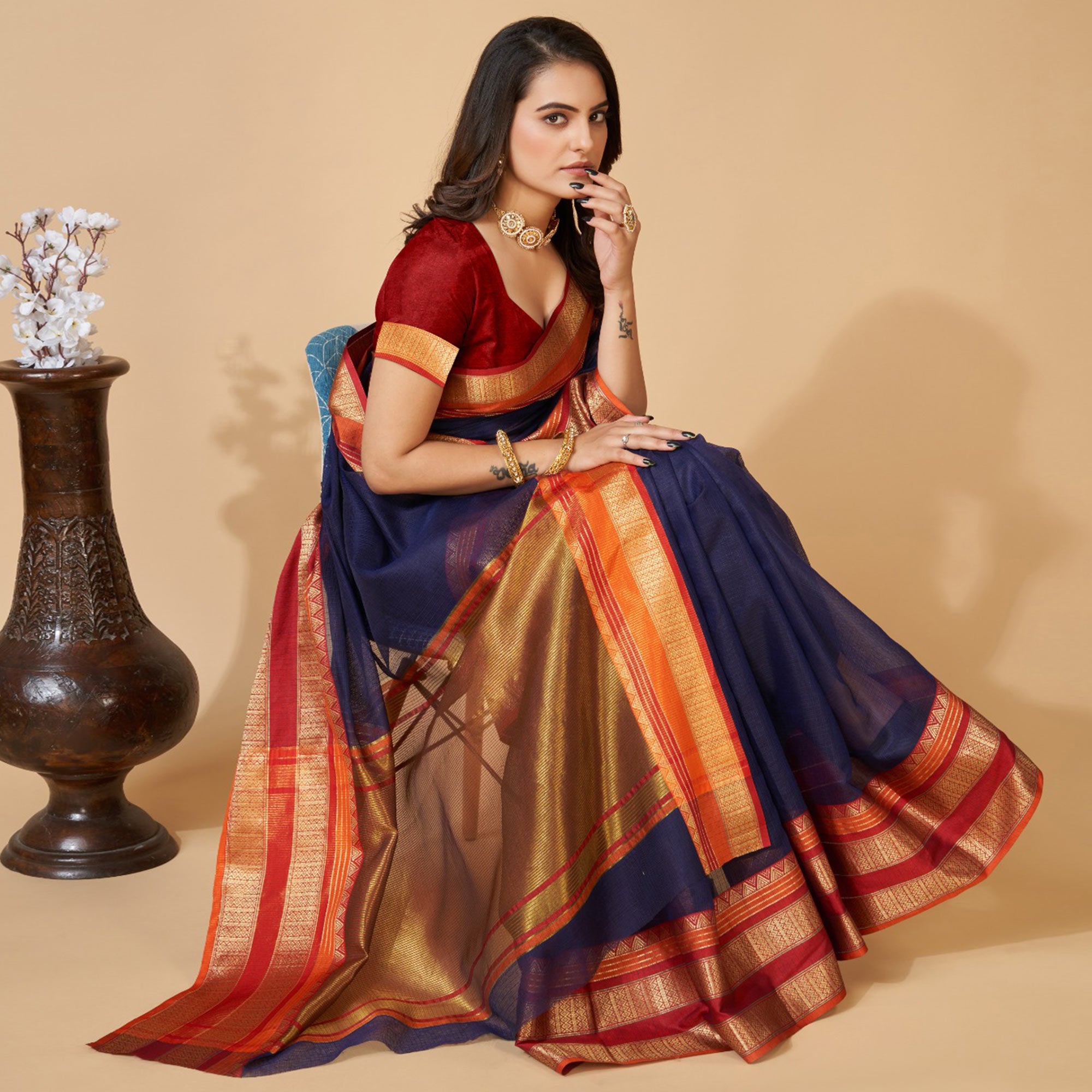 Navy Blue Woven Kota Doria Saree