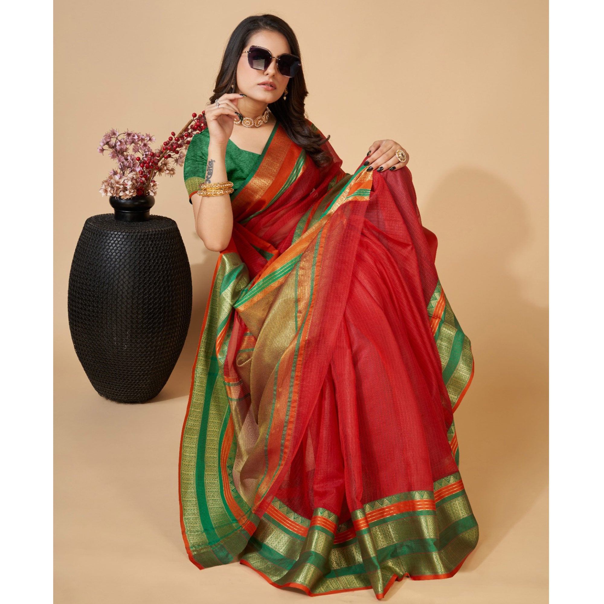 Red Woven Kota Doria Saree