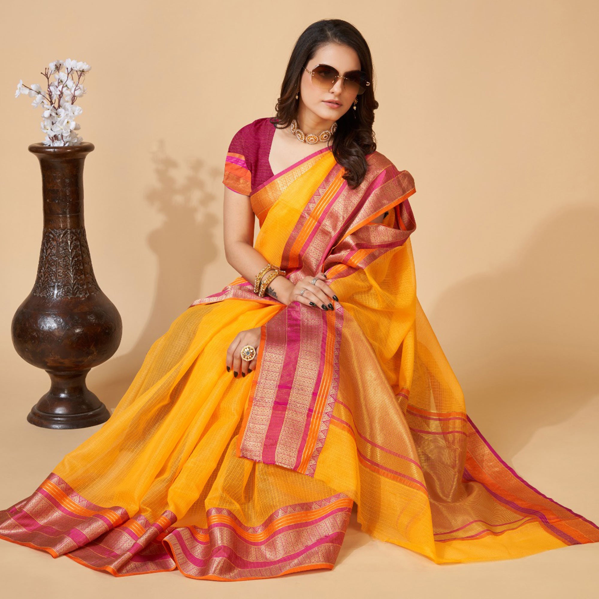 Yellow Woven Kota Doria Saree