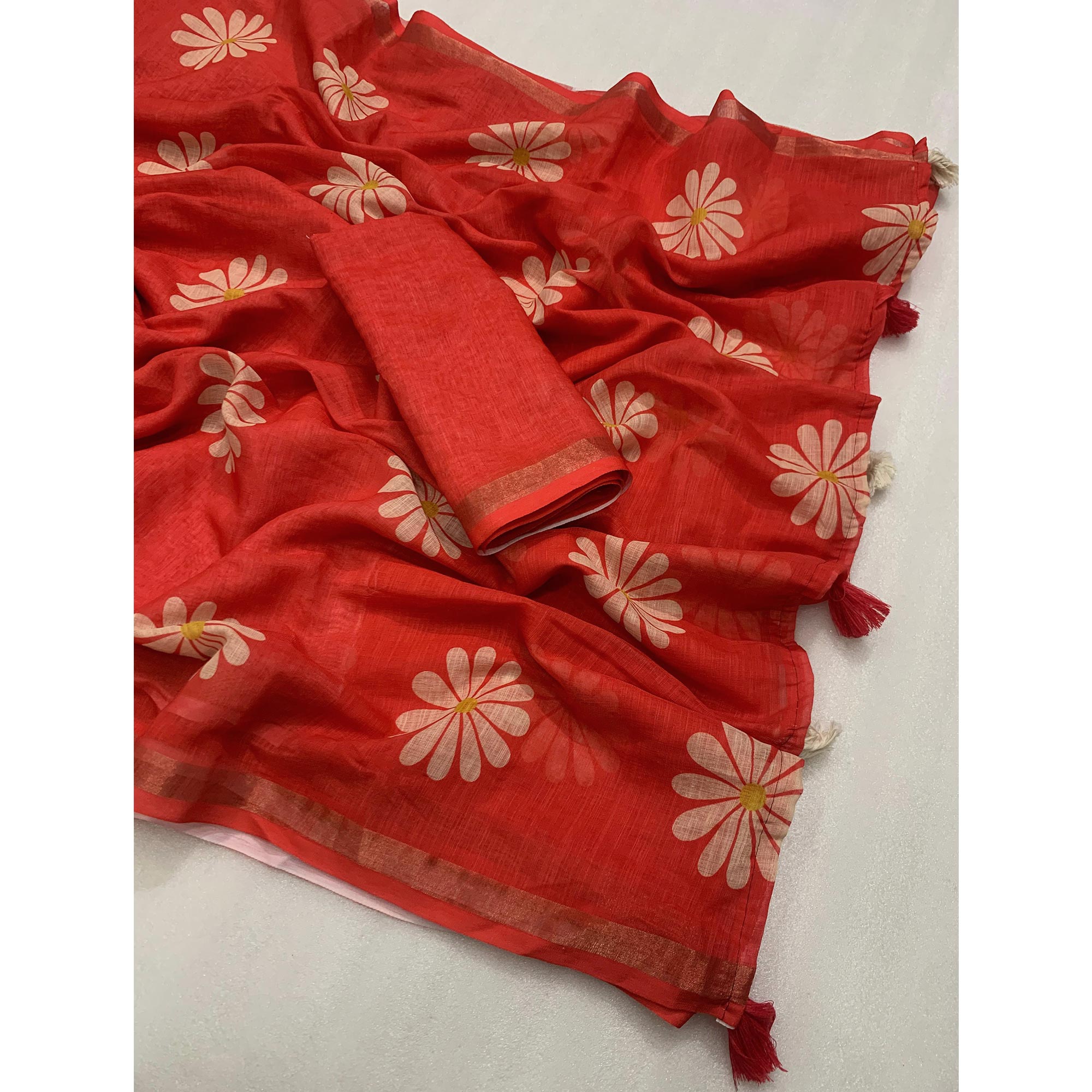Red Floral Printed Linen Silk Saree With Tassels