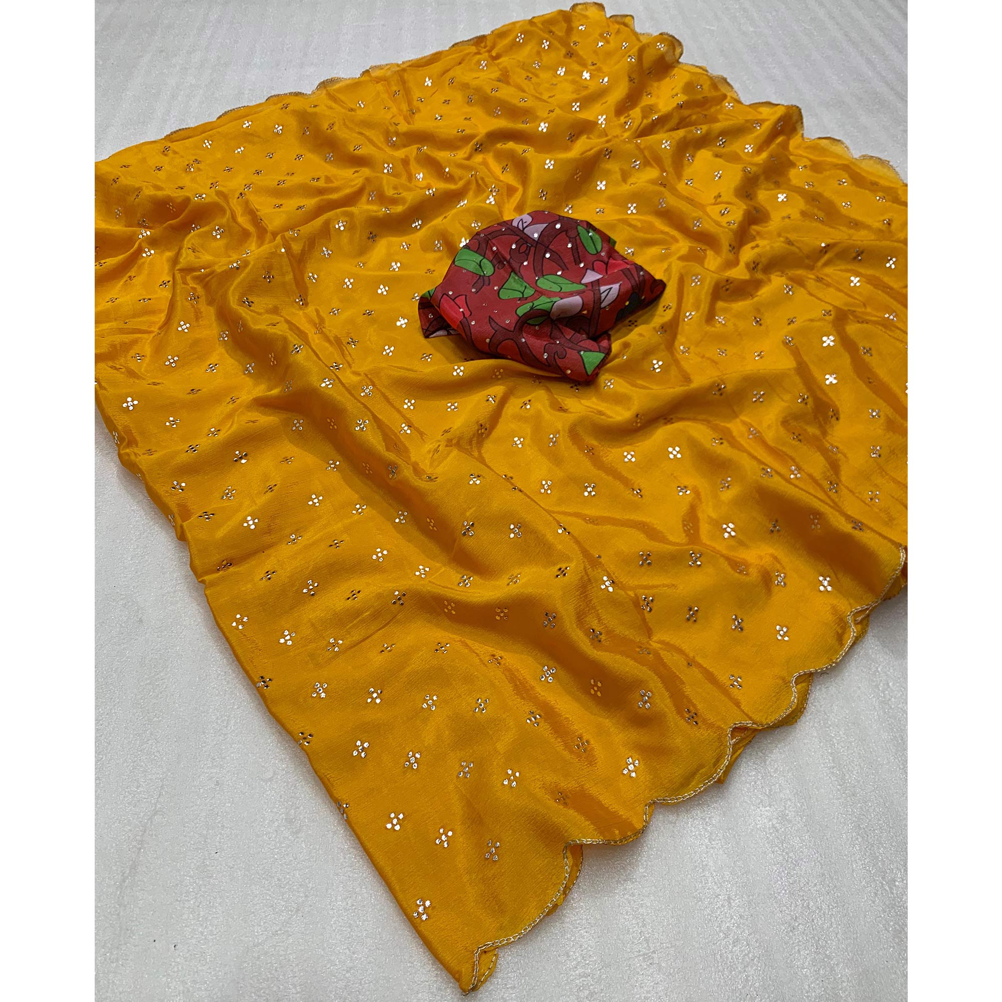 Mustard Mukaish Work Chinon Saree