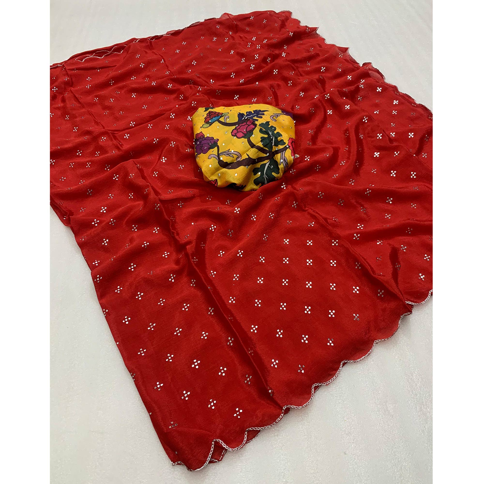 Red Mukaish Work Chinon Saree