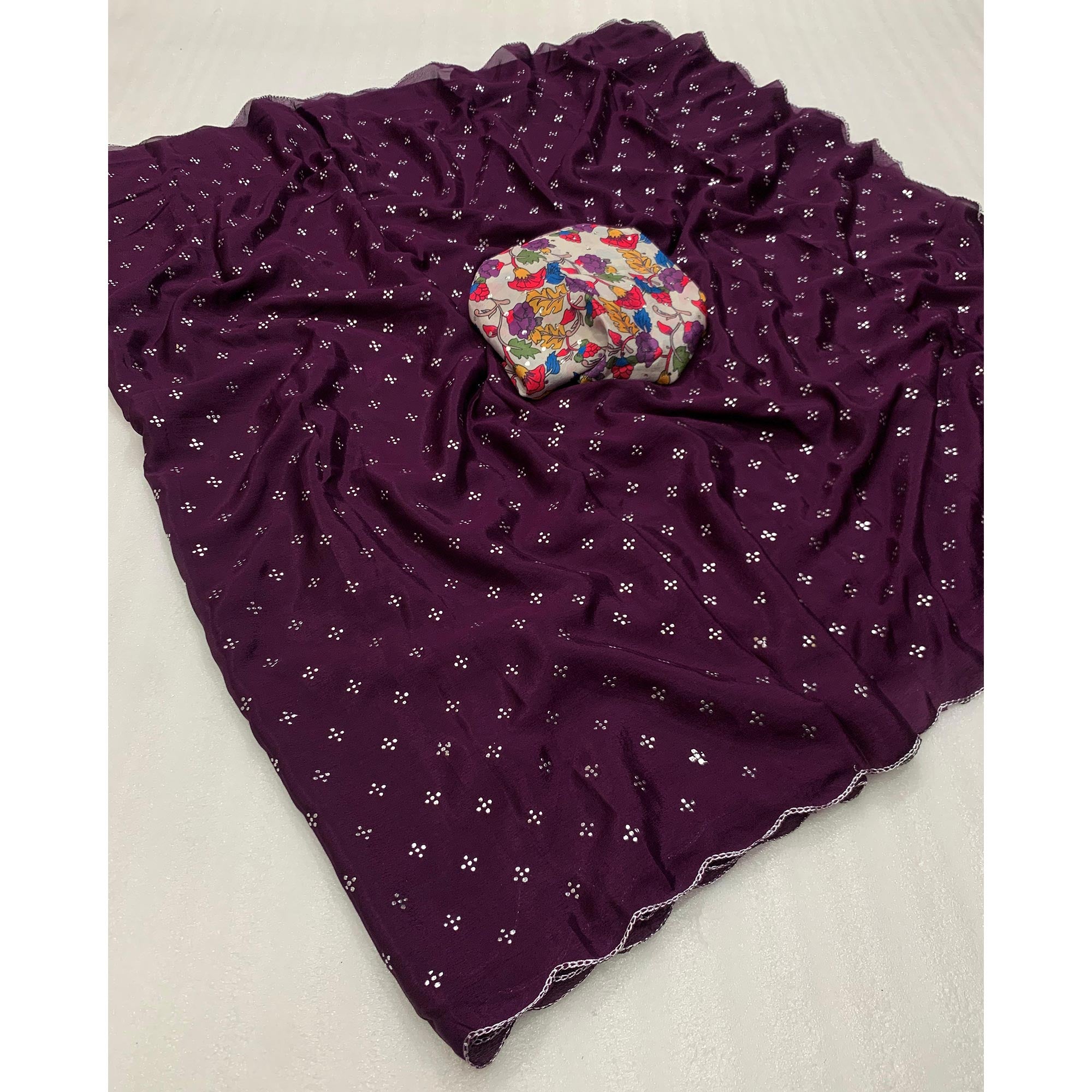 Wine Mukaish Work Chinon Saree
