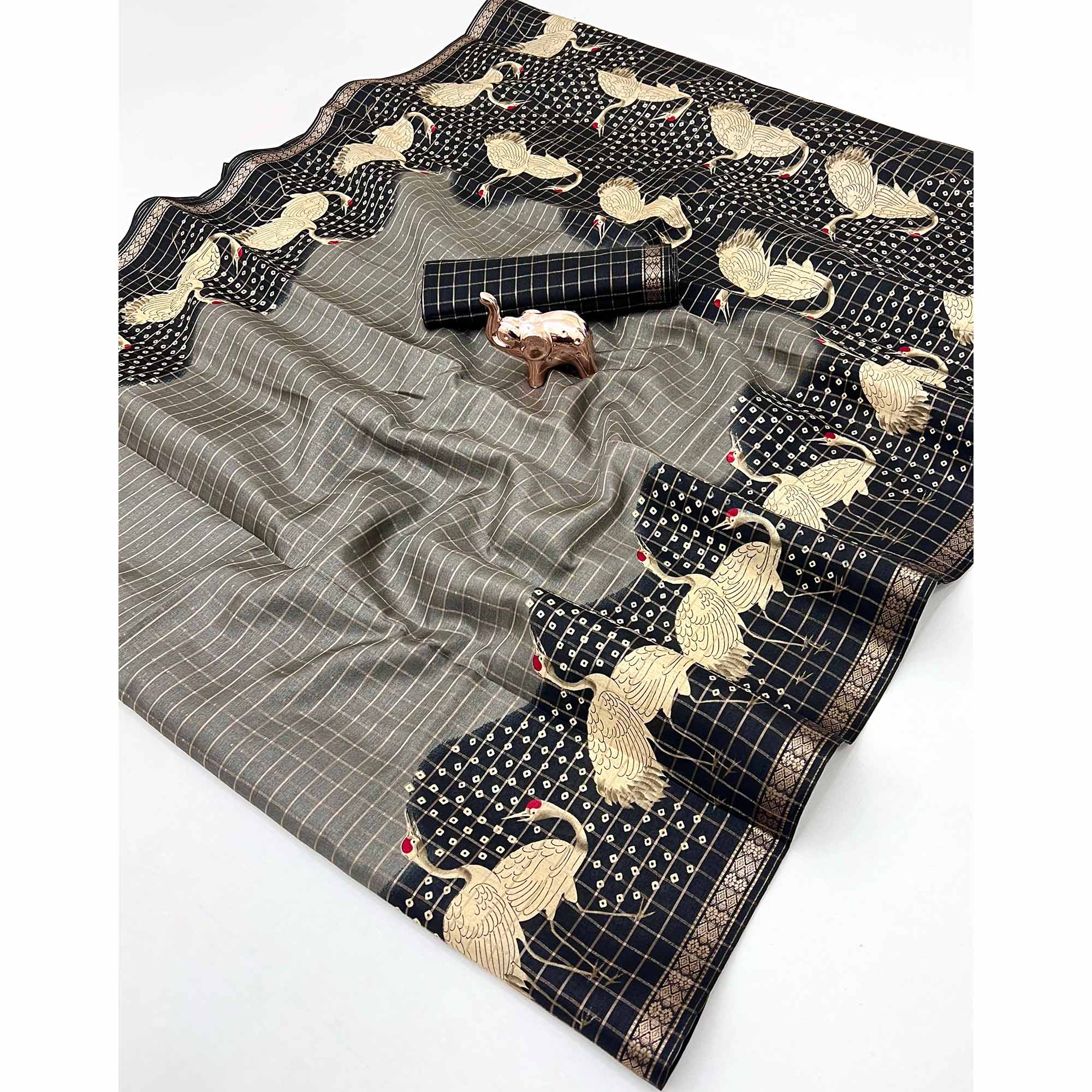 Elegant Grey & Black Checks Weaving Tussar Silk Blend Saree Adorned With Artistic Bird Prints