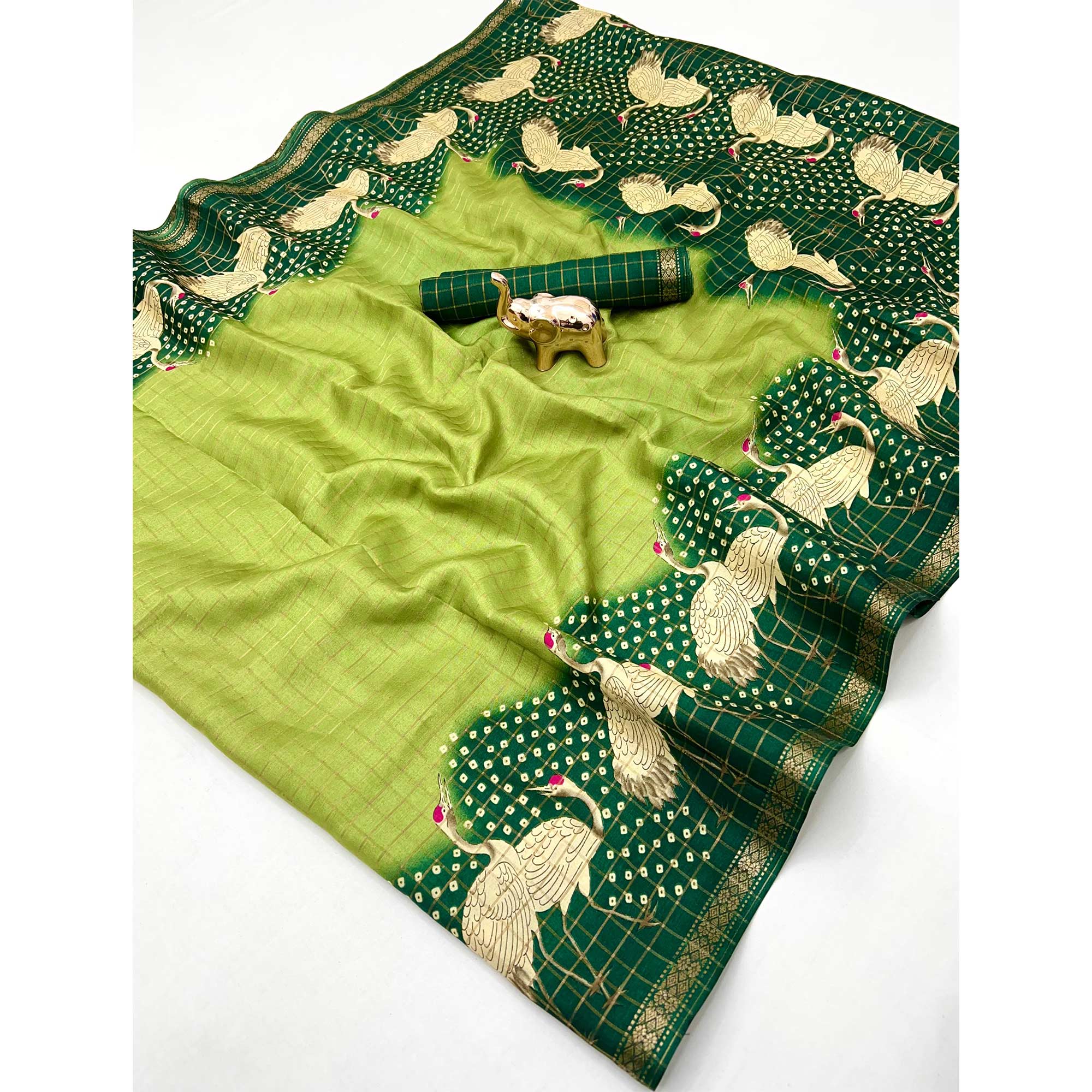 Elegant Parrot Green Checks Weaving Tussar Silk Blend Saree Adorned With Artistic Bird Prints