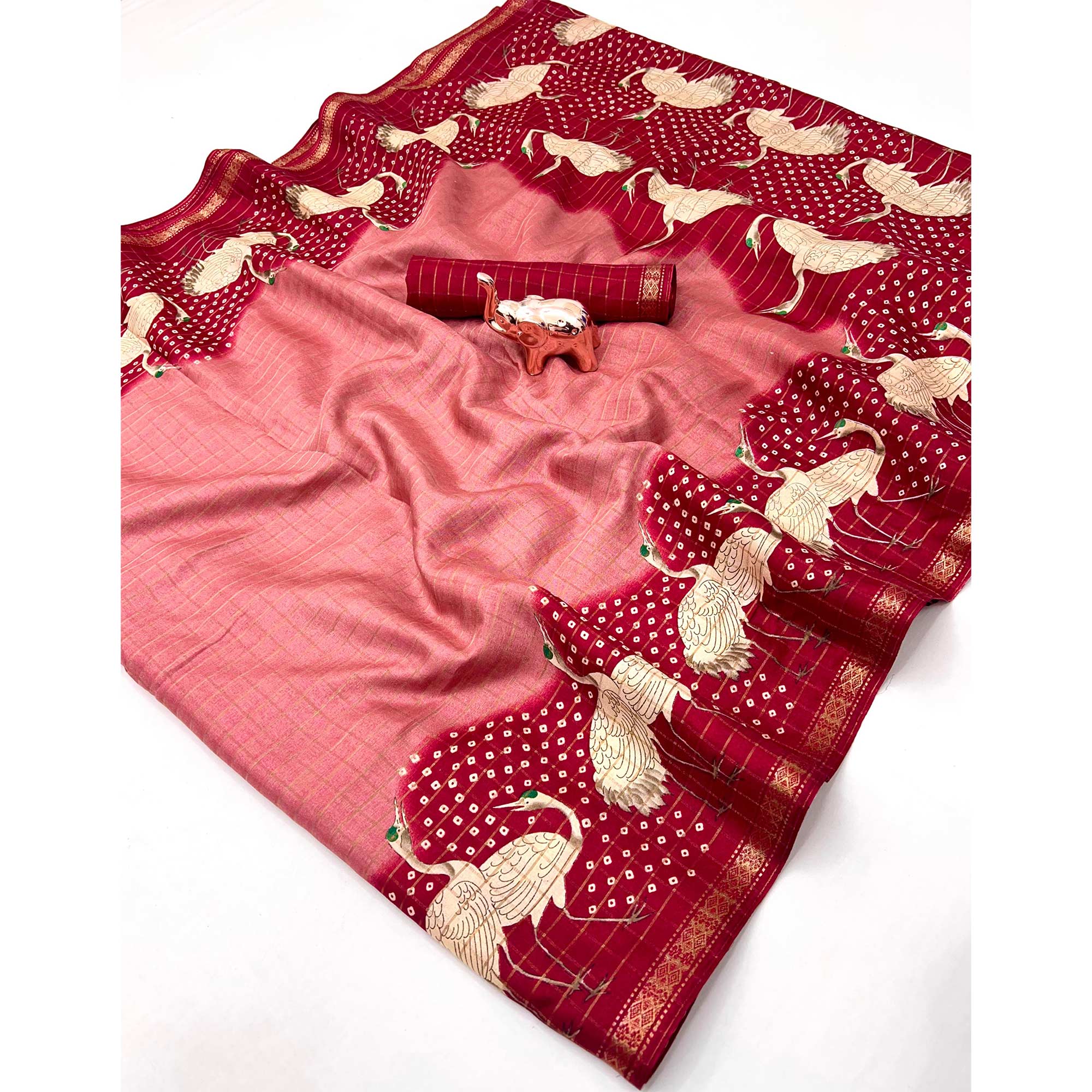 Elegant Peach & Maroon Checks Weaving Tussar Silk Blend Saree Adorned With Artistic Bird Prints