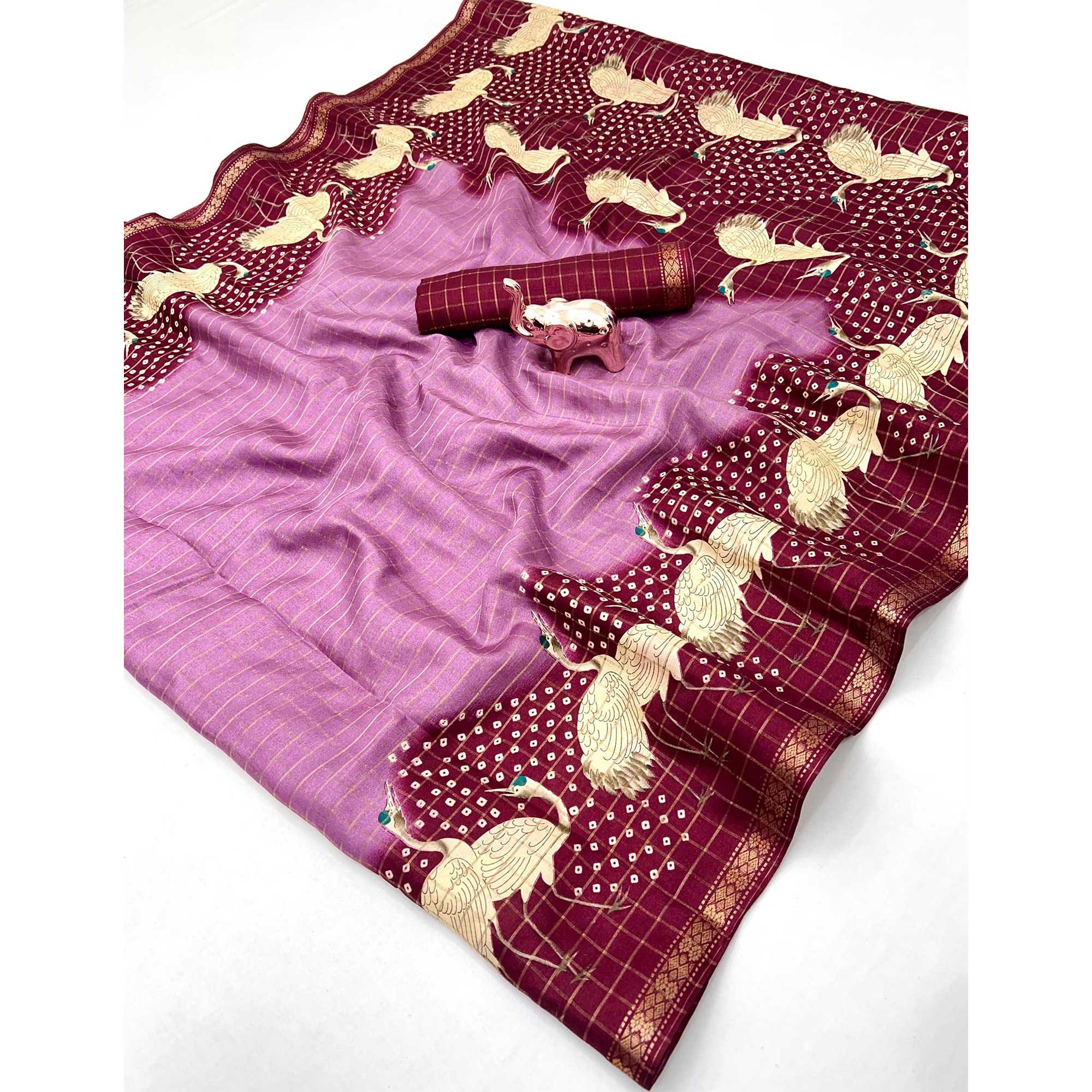 Elegant Purple & Wine Checks Weaving Tussar Silk Blend Saree Adorned With Artistic Bird Prints