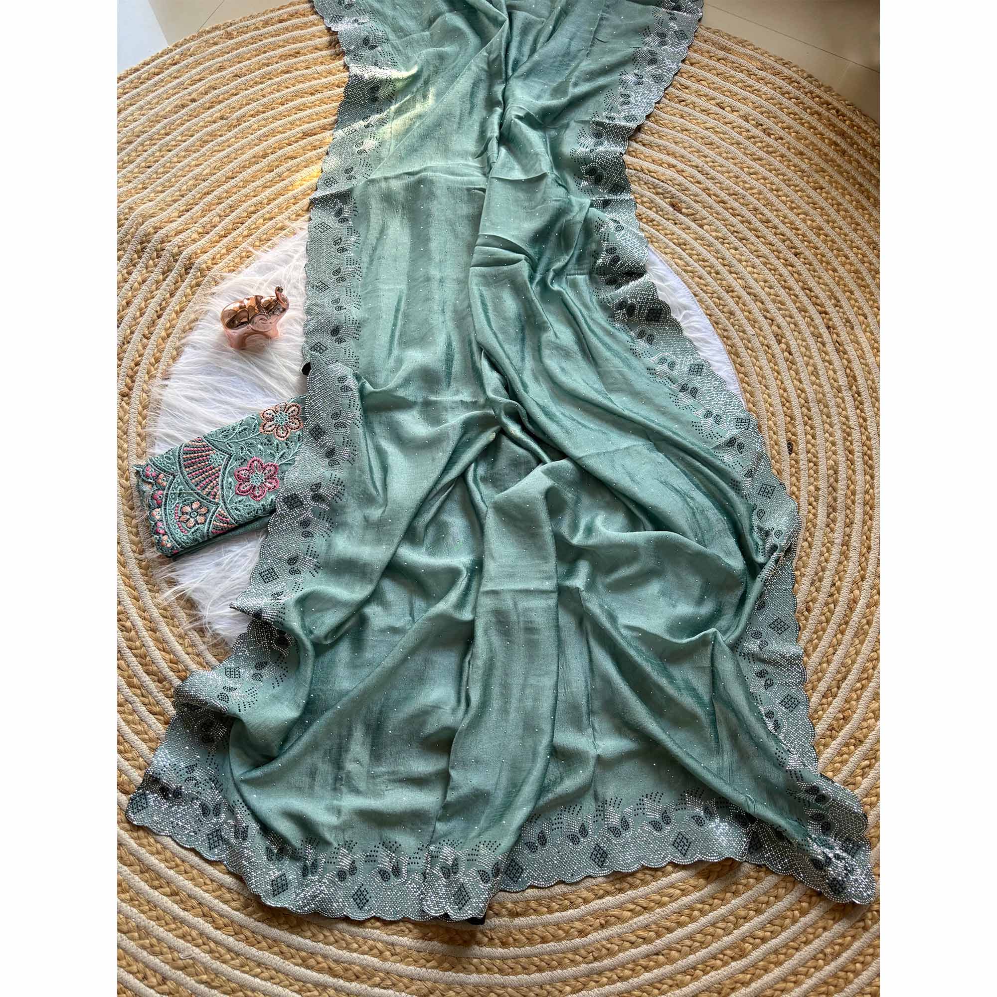 Elegant Dusty Turquoise Vichitra Silk Saree Adorned with Sparkling Swarovski Work & Jarkan Border