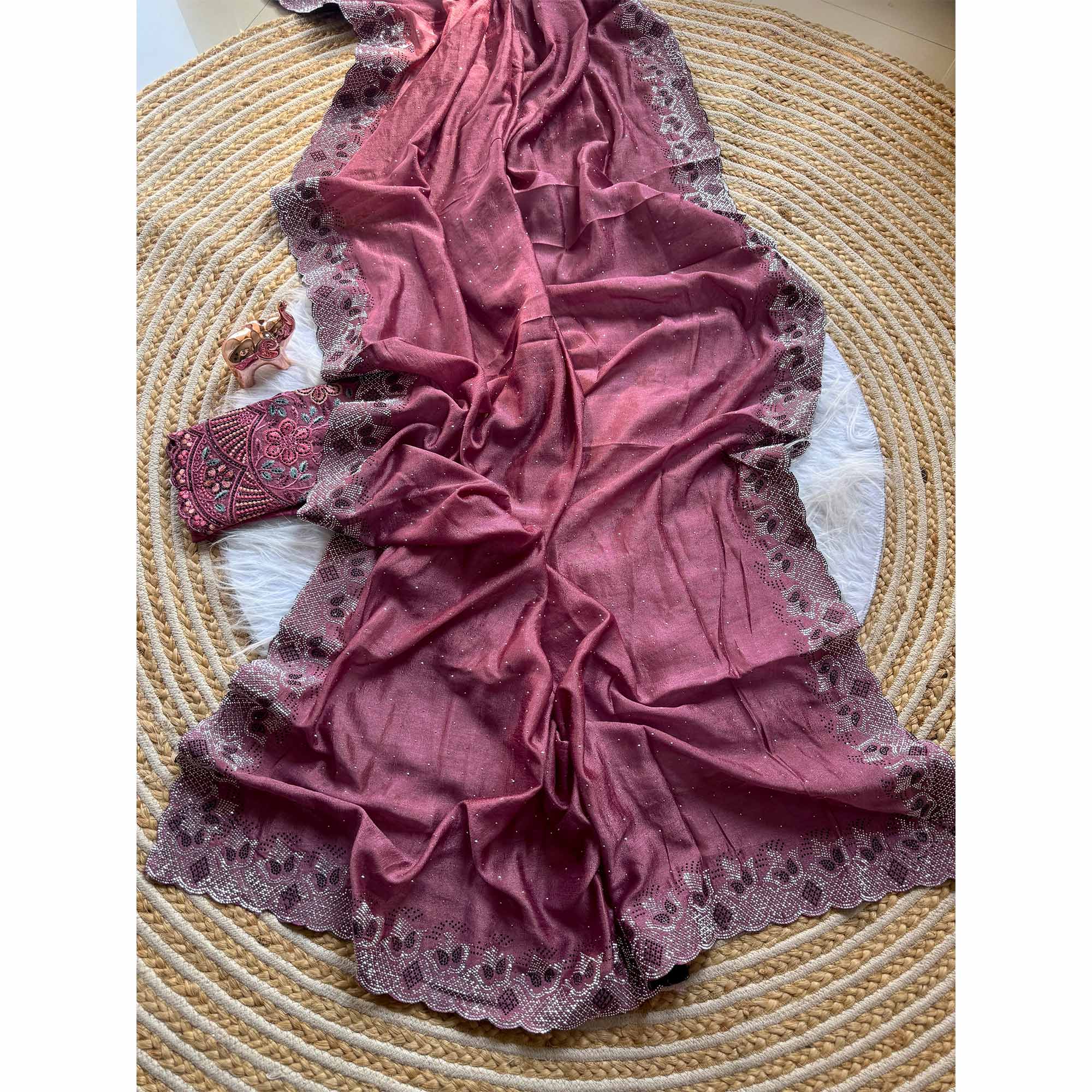 Elegant Mauve Vichitra Silk Saree Adorned with Sparkling Swarovski Work & Jarkan Border