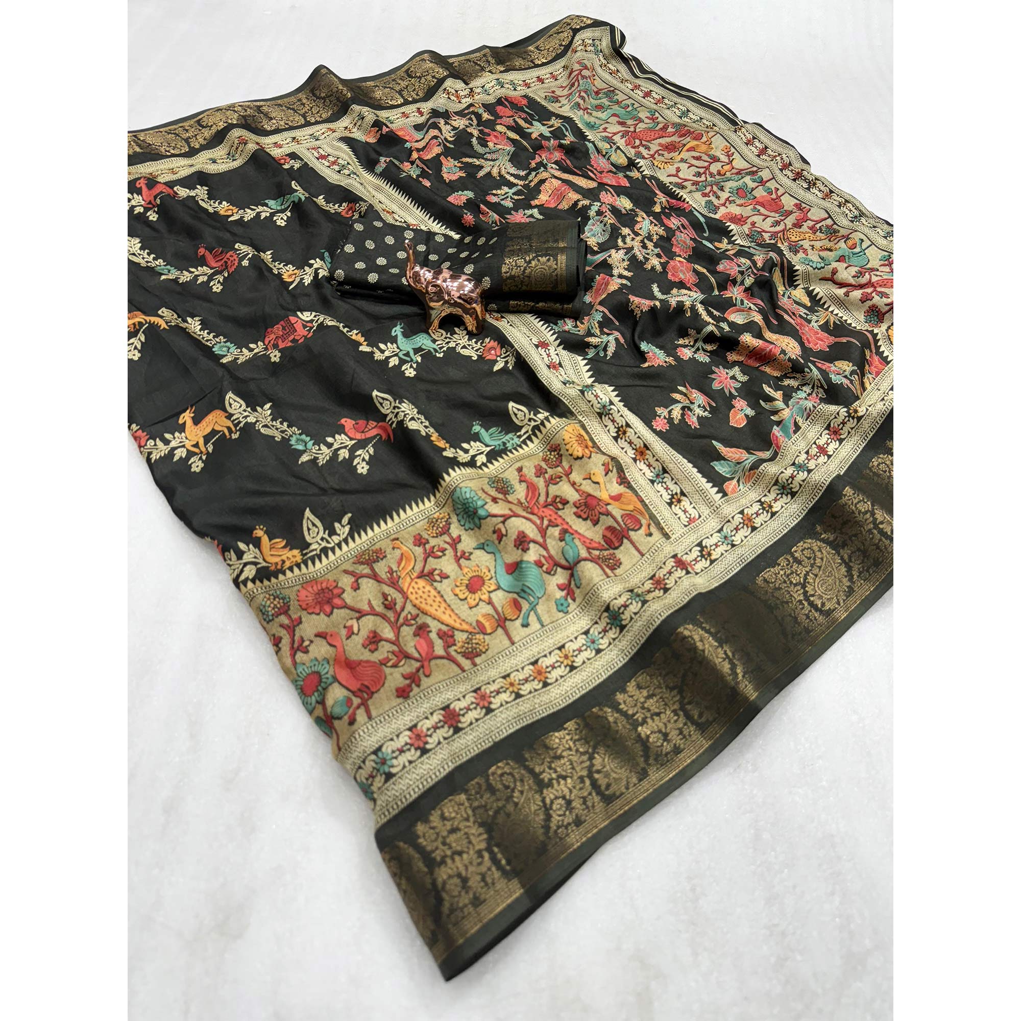 Designer Mehendi Green Dola Silk Saree Featuring Intricate Floral Zari Weaving