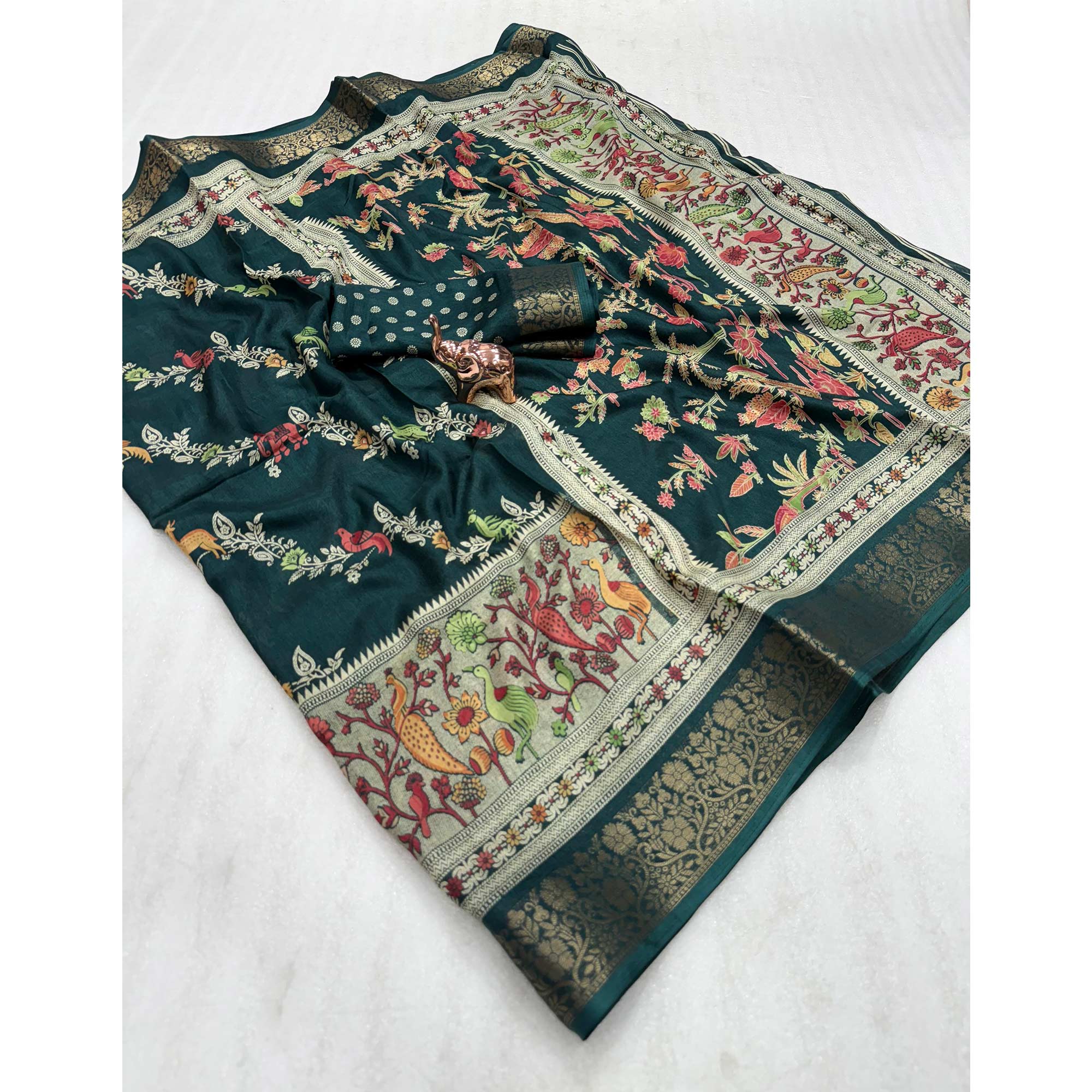 Designer Morpich Green Dola Silk Saree Featuring Intricate Floral Zari Weaving