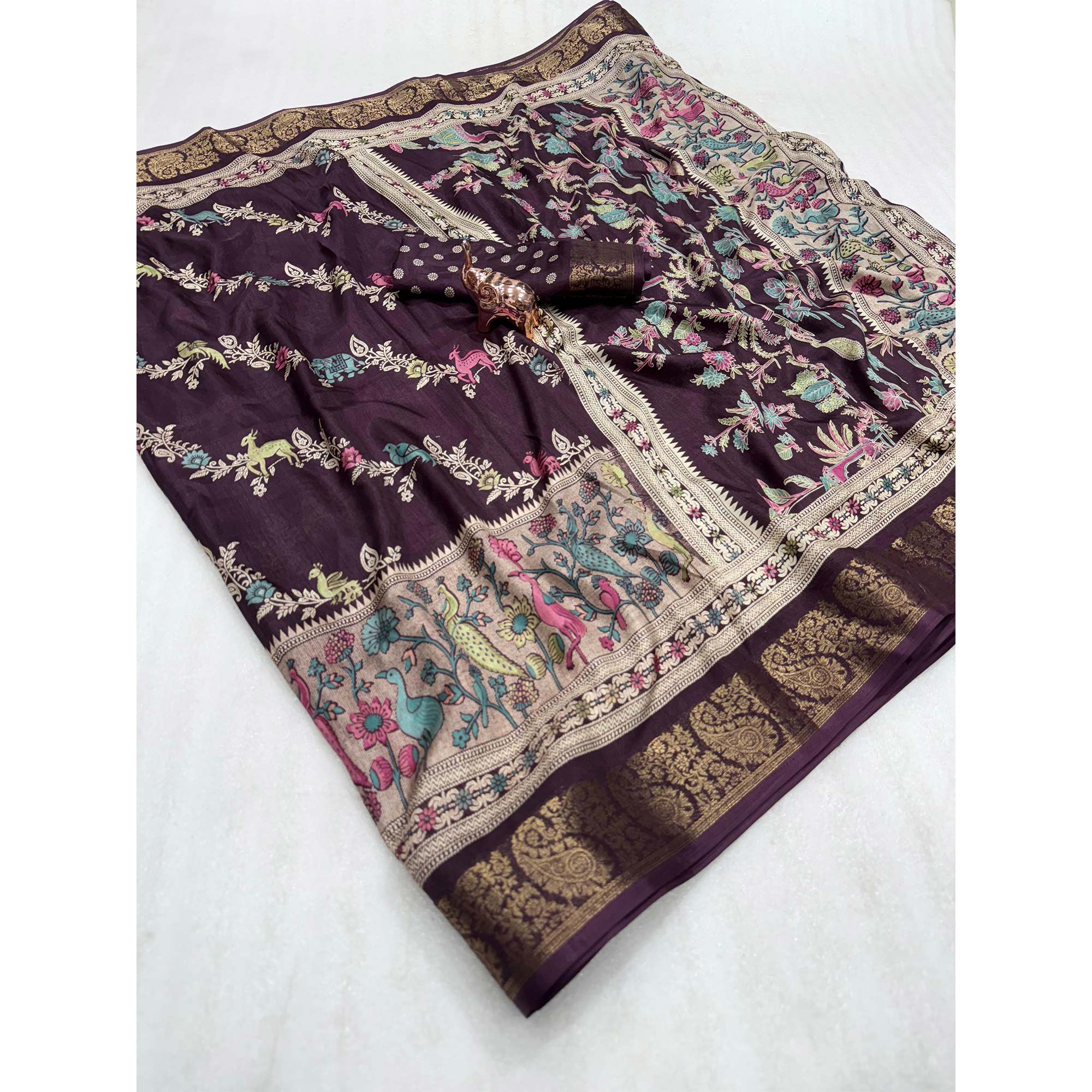 Designer Wine Dola Silk Saree Featuring Intricate Floral Zari Weaving