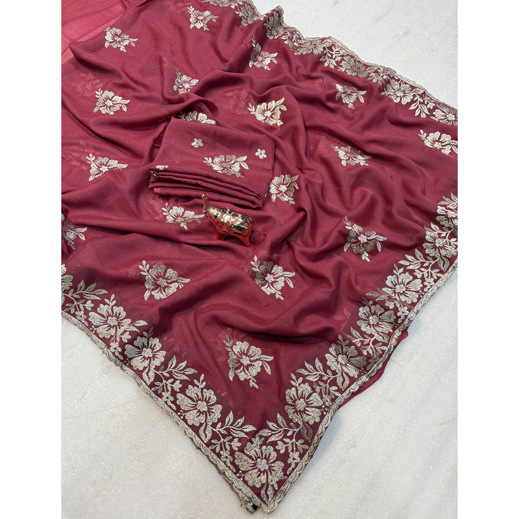 Stunning Light Maroon Georgette Saree with Floral Zari Embroidery & Ornate Cutwork Border