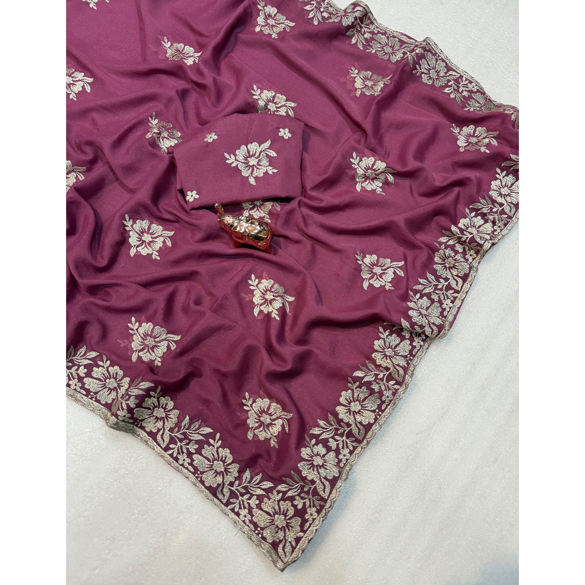Stunning Wine Georgette Saree with Floral Zari Embroidery & Ornate Cutwork Border