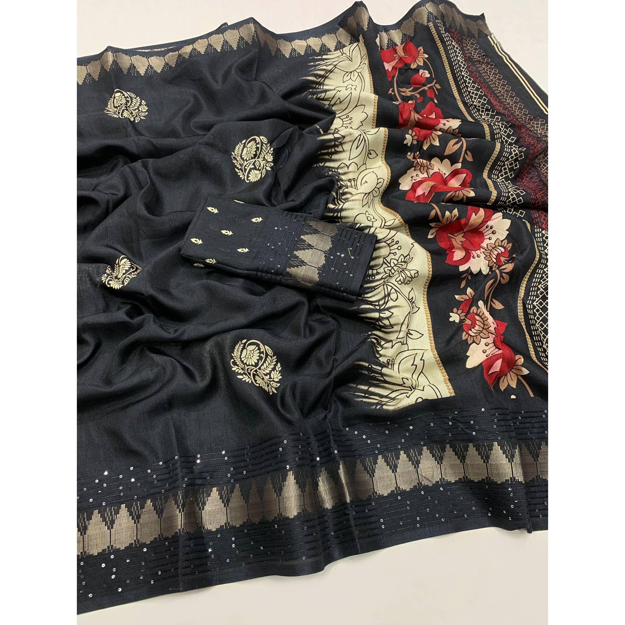 Black Floral Printed Dola Silk Saree With Sequins Border