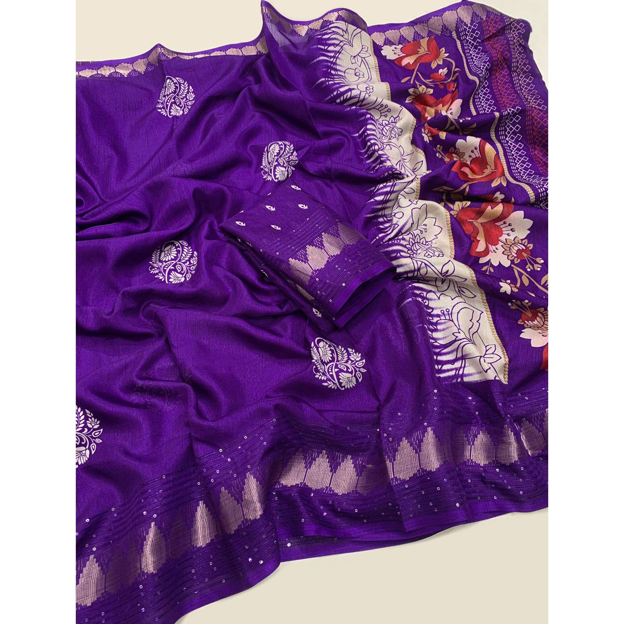Purple Floral Printed Dola Silk Saree With Sequins Border