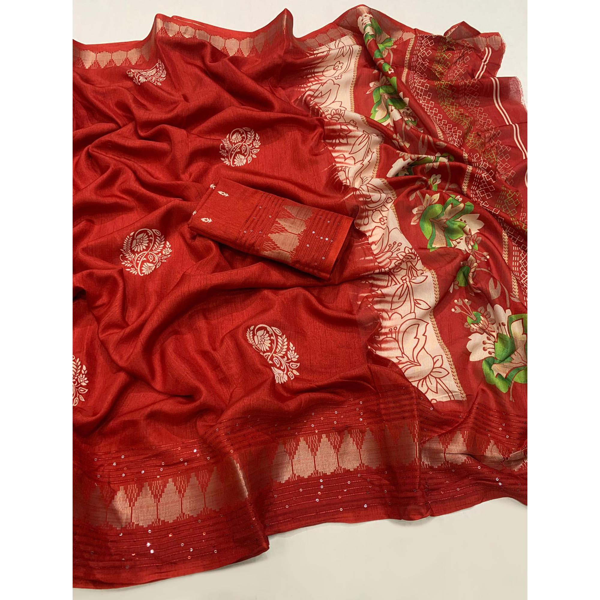 Red Floral Printed Dola Silk Saree With Sequins Border