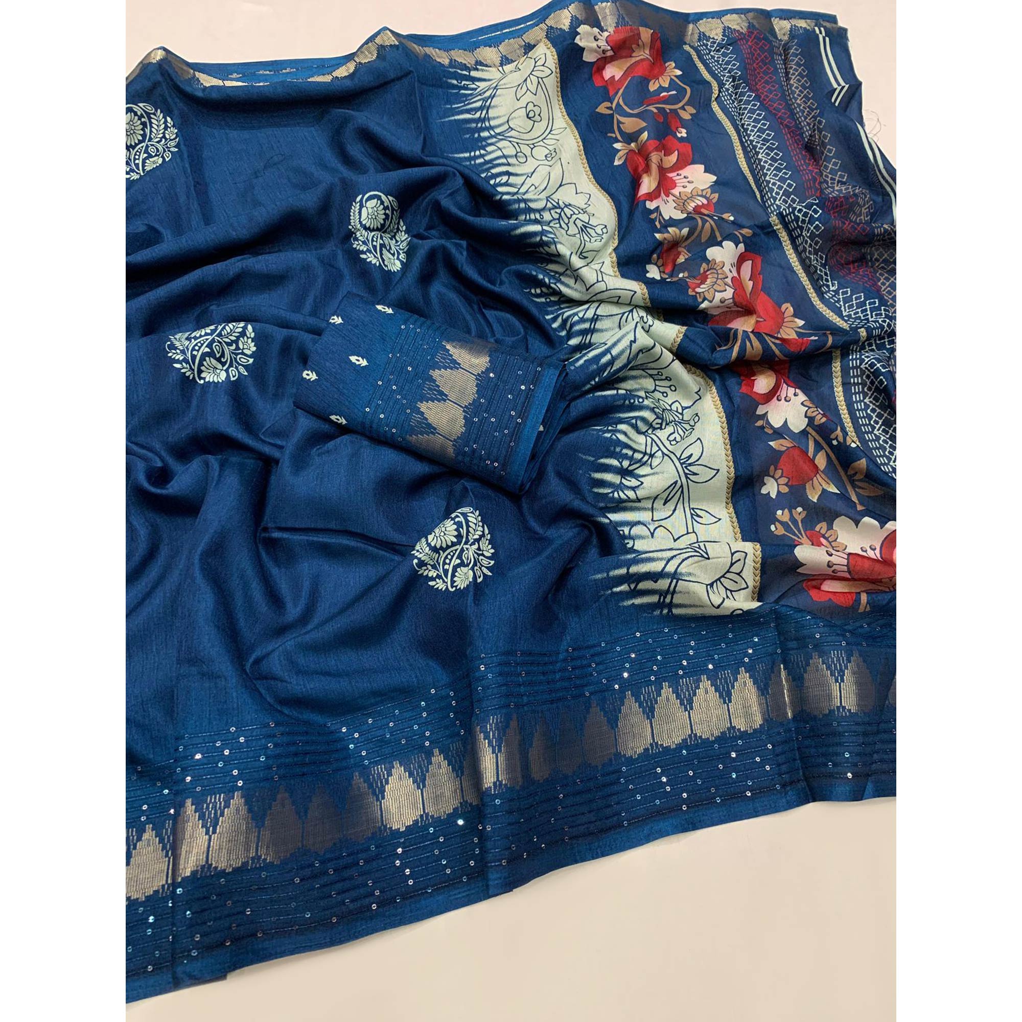 Teal Floral Printed Dola Silk Saree With Sequins Border