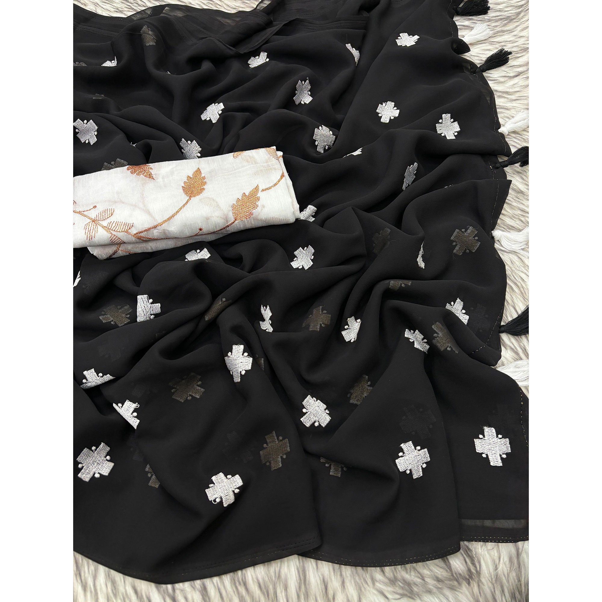 Black Embroidered Georgette Saree With Tassels