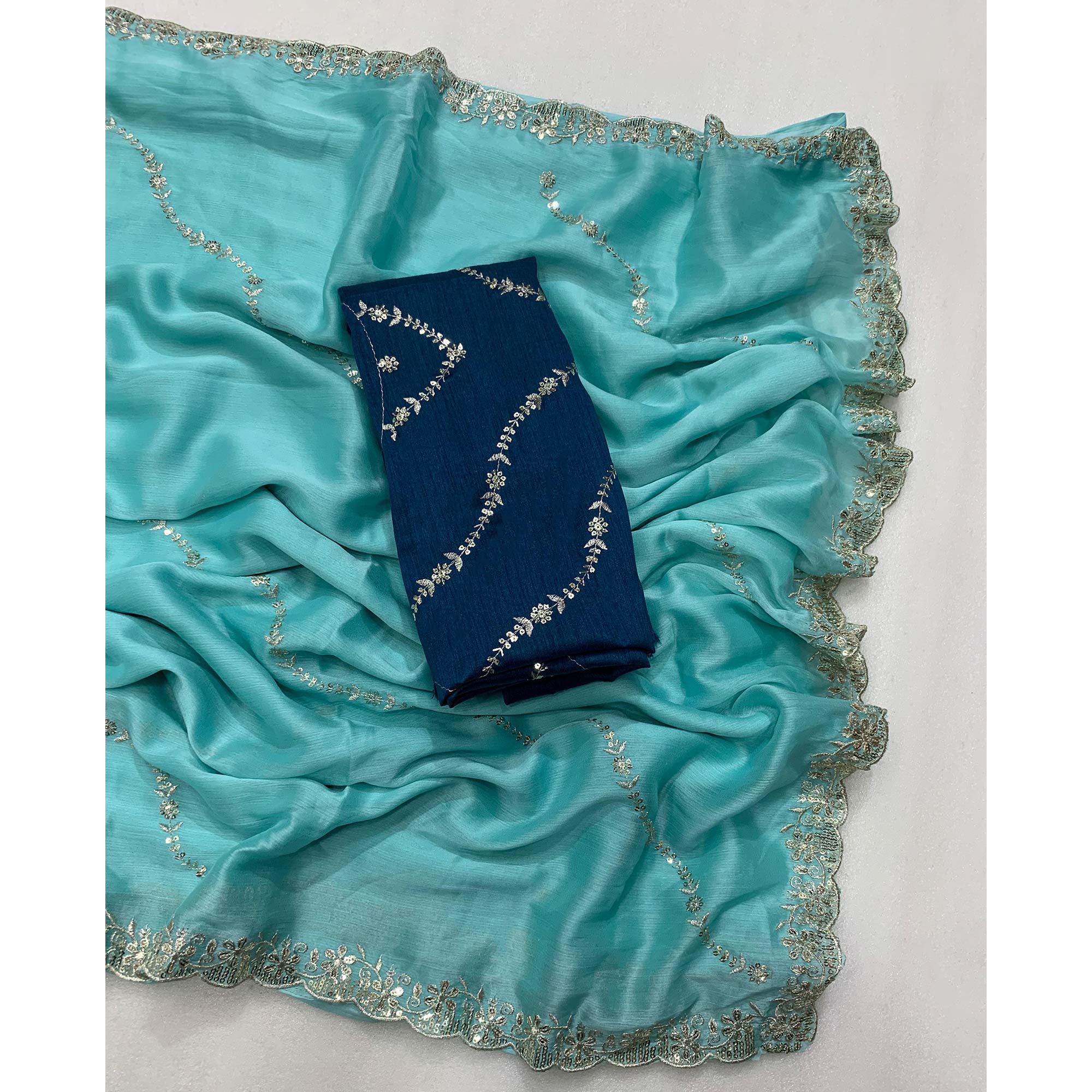 Blue Floral Sequins Embroidered Chiffon Saree