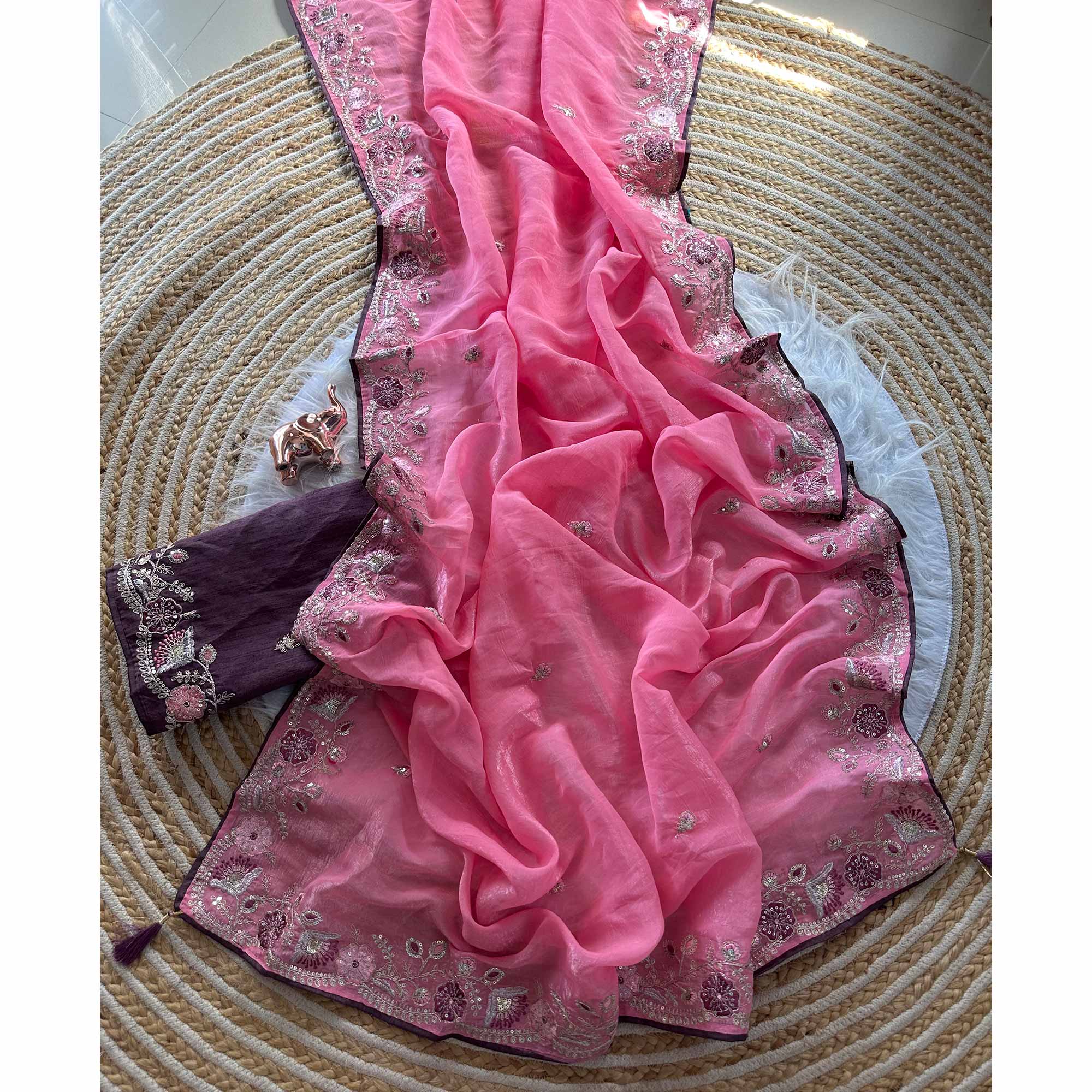 Pink Pure Silk Saree Showcasing Floral Sequins Embroidery With A Decorative Tassel Pallu