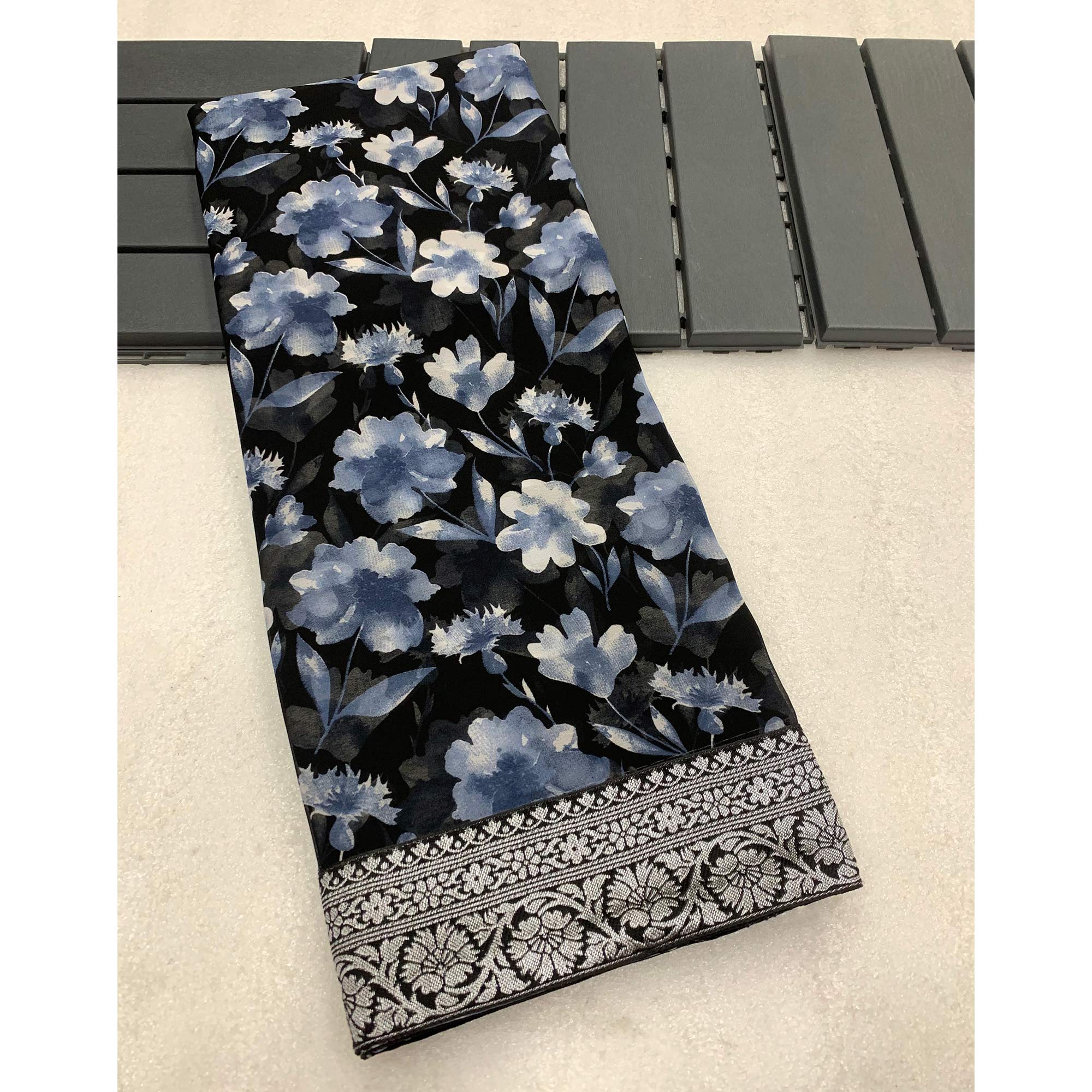 Black Floral Printed Georgette Saree With Woven Border