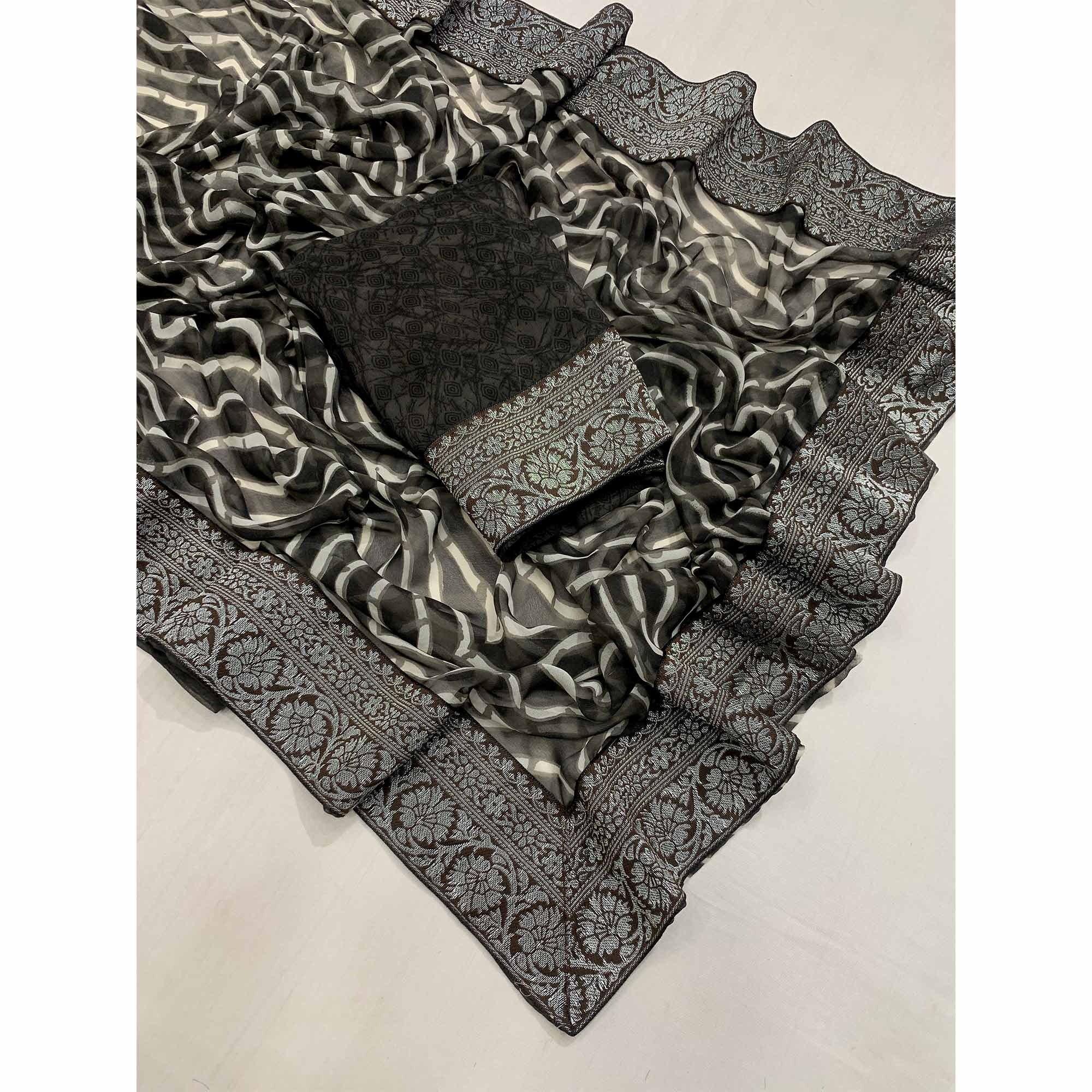 Black Leheriya Printed Georgette Saree With Woven Border