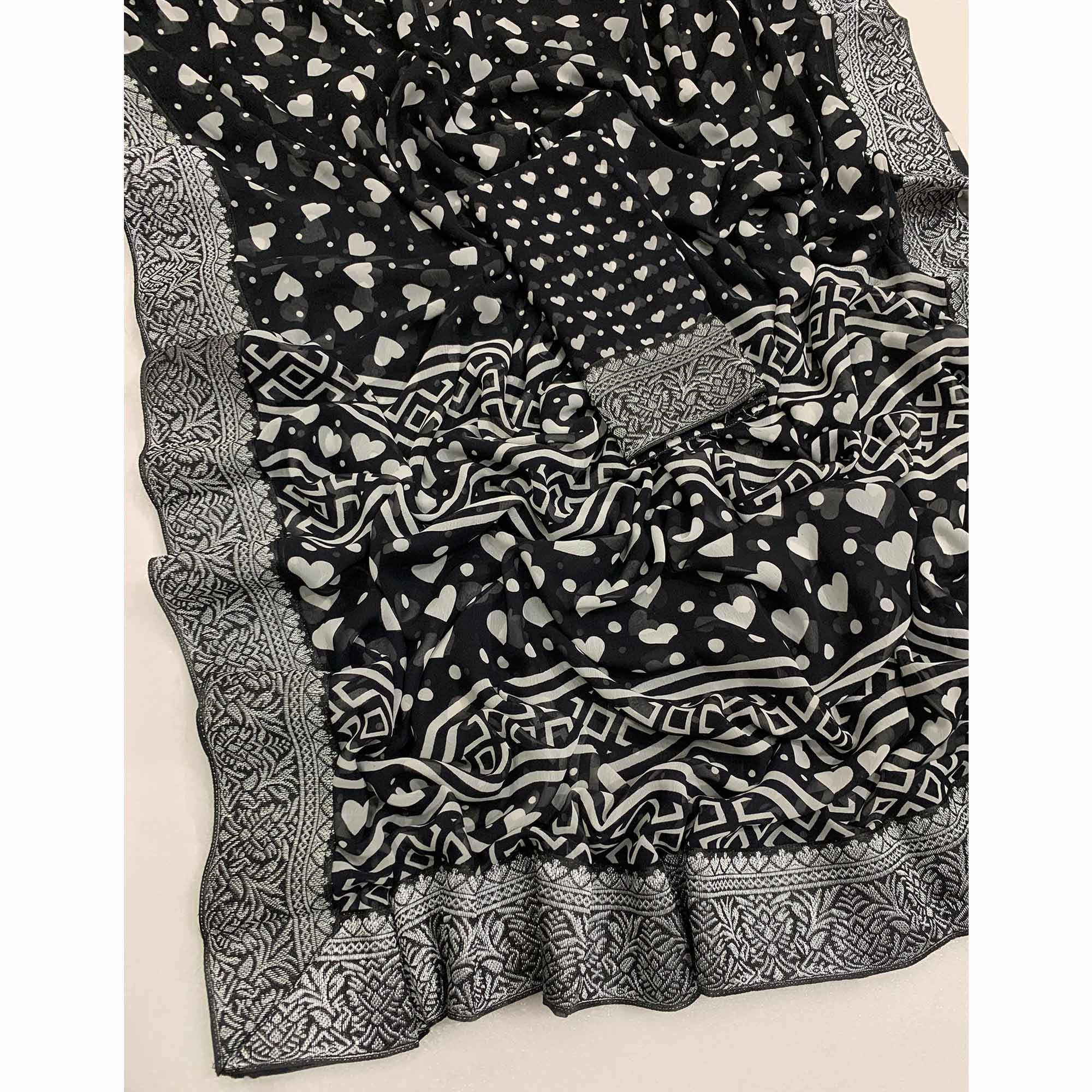 Black Heart Printed Georgette Saree With Woven Border