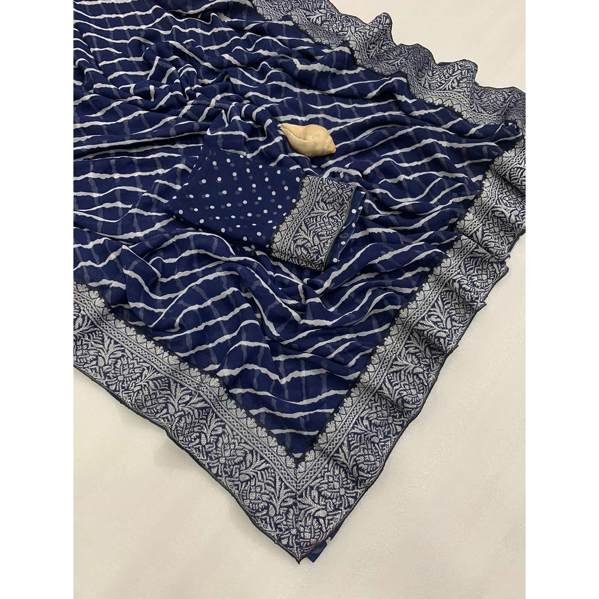 Blue Leheriya Printed Georgette Saree With Woven Border