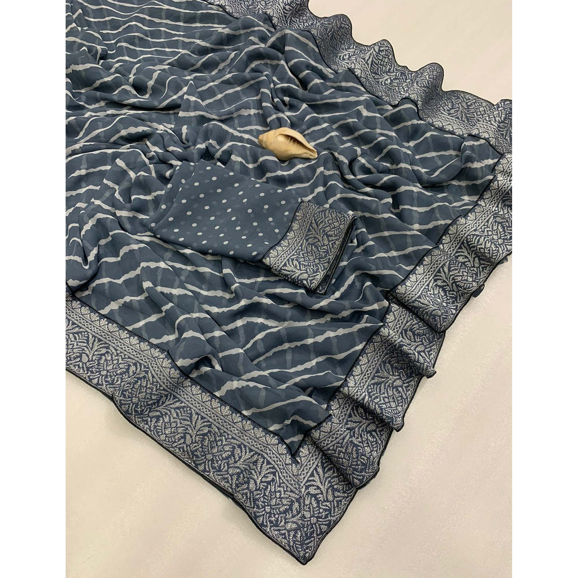 Grey Leheriya Printed Georgette Saree With Woven Border