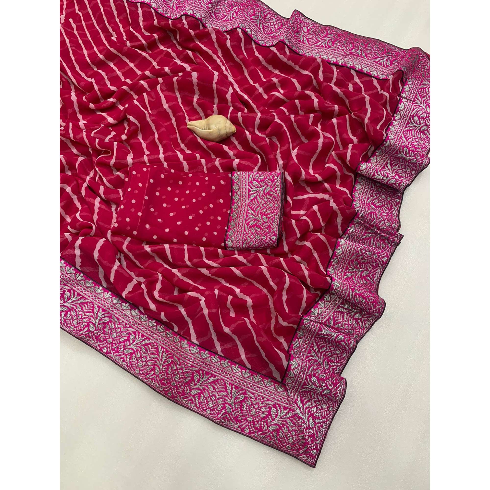 Pink Leheriya Printed Georgette Saree With Woven Border