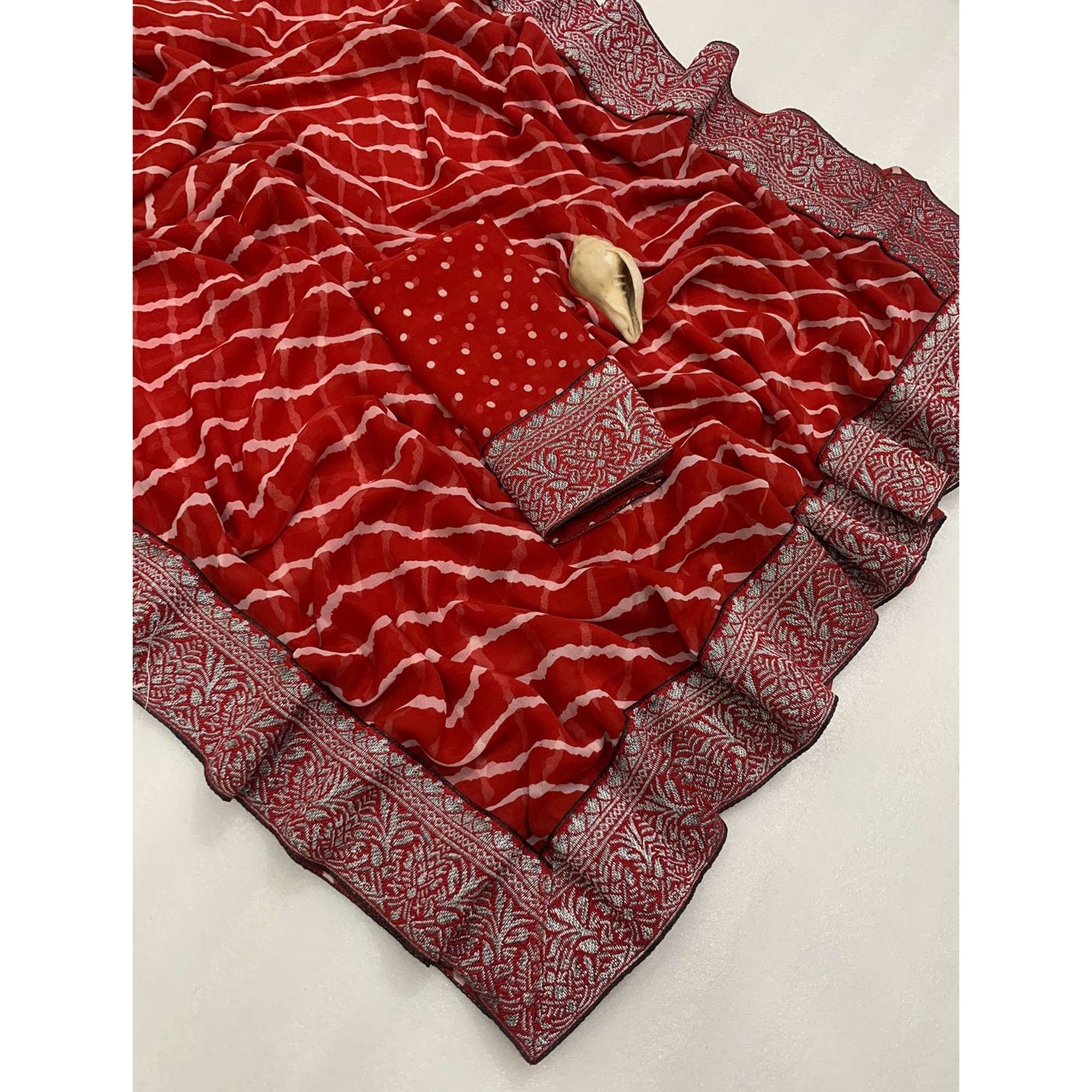 Red Leheriya Printed Georgette Saree With Woven Border
