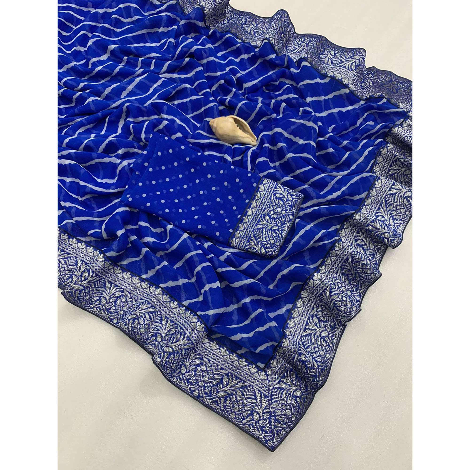 Royal Blue Leheriya Printed Georgette Saree With Woven Border