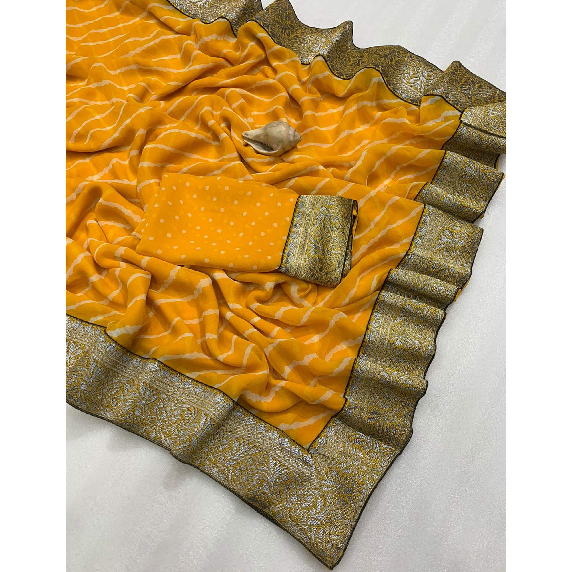 Yellow Leheriya Printed Georgette Saree With Woven Border