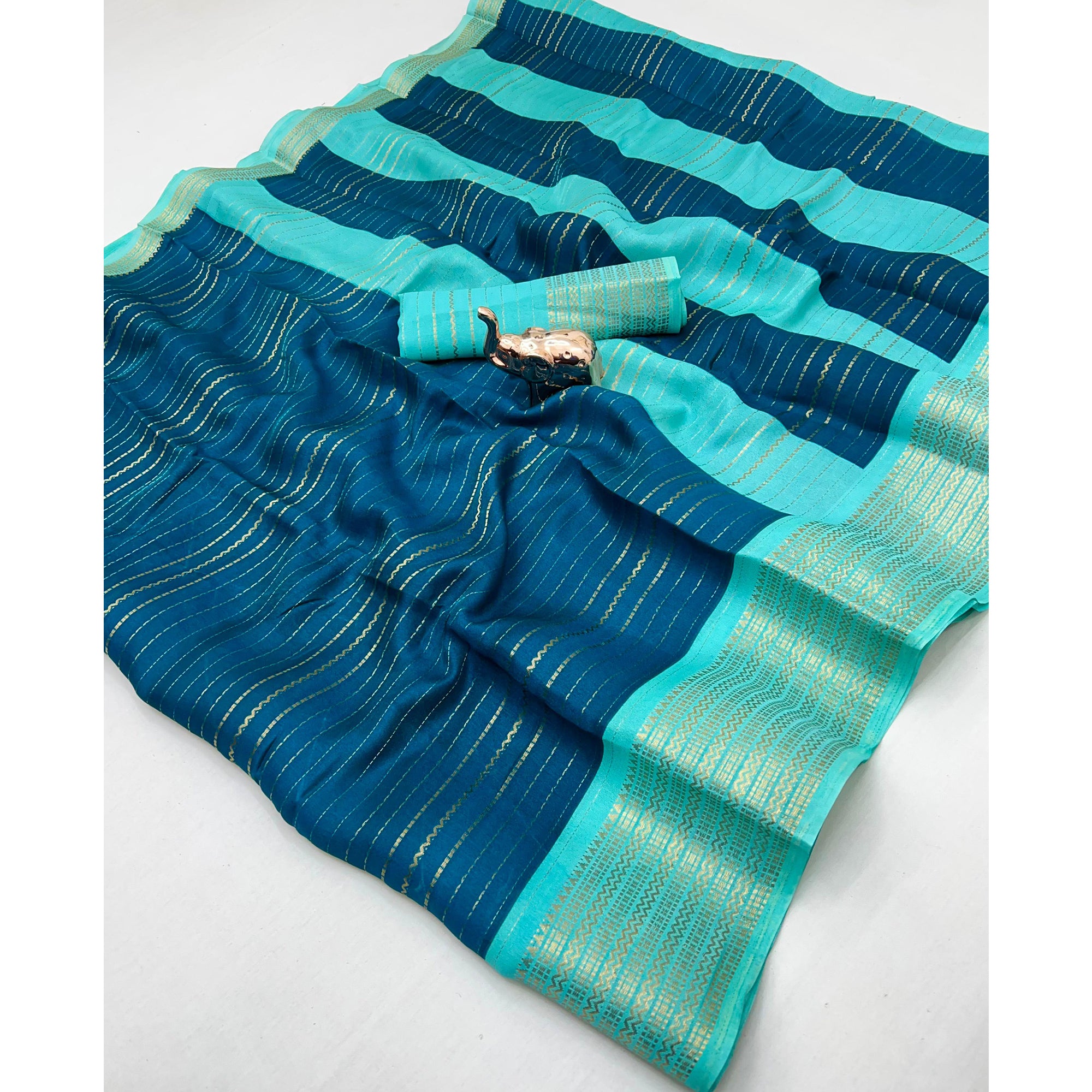 Classic Teal Marshmallow Jacquard Saree Adorned With Refined Striped Zari Weaving Patterns