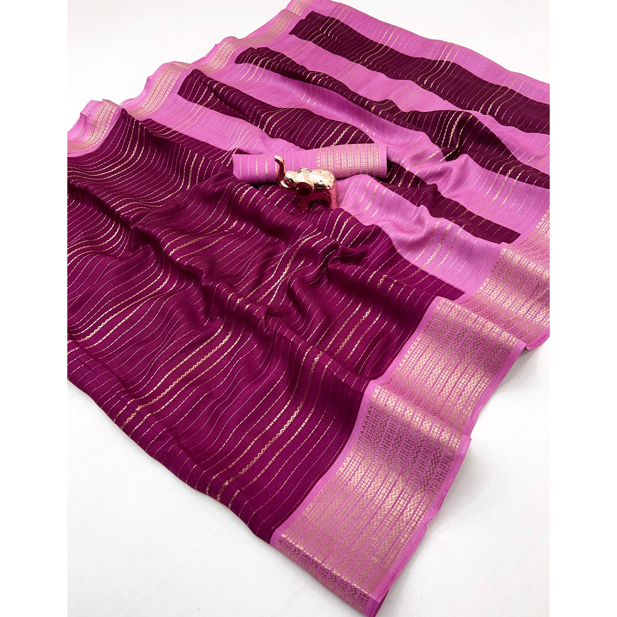Classic Wine Marshmallow Jacquard Saree Adorned With Refined Striped Zari Weaving Patterns