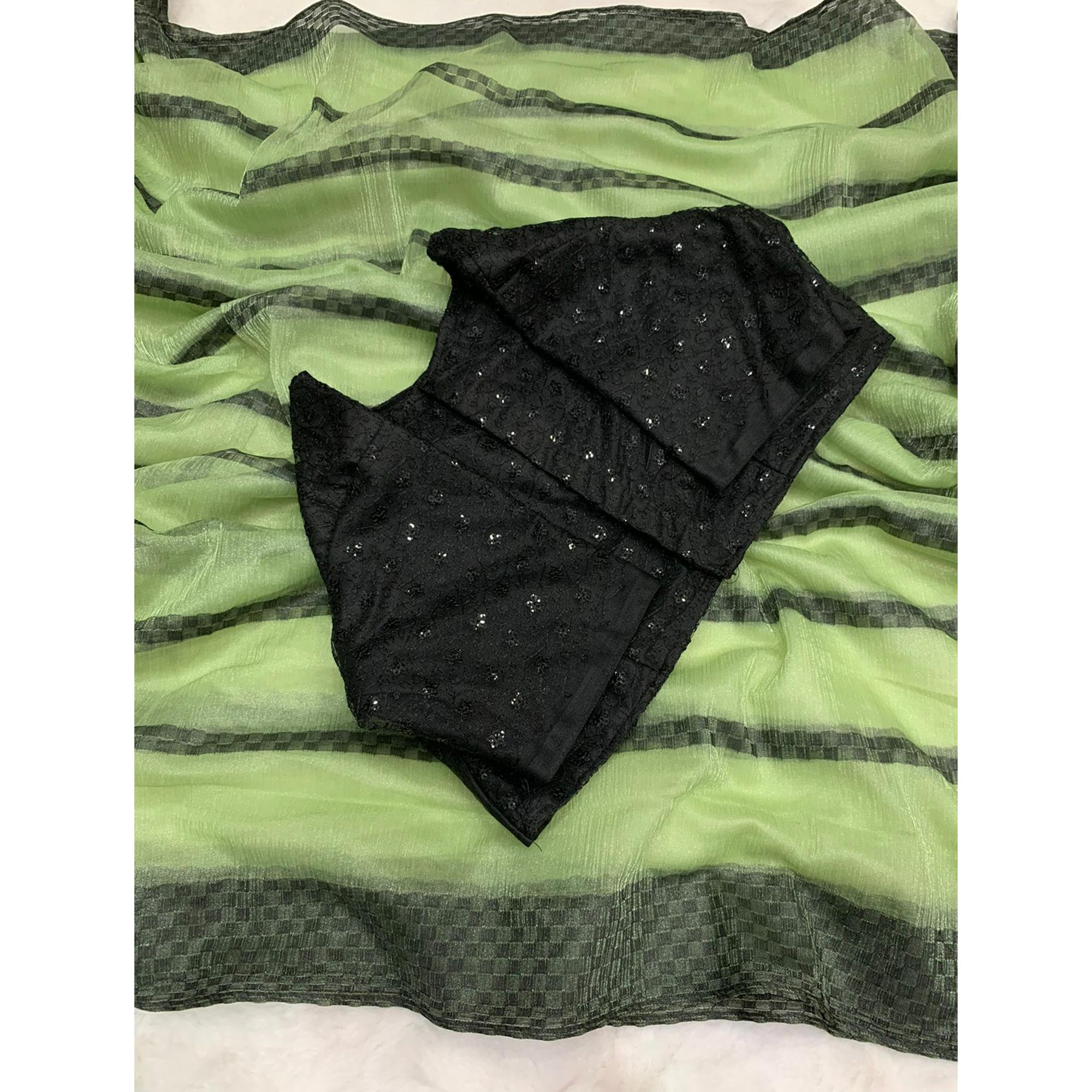 Green Woven Net Saree With Tassels