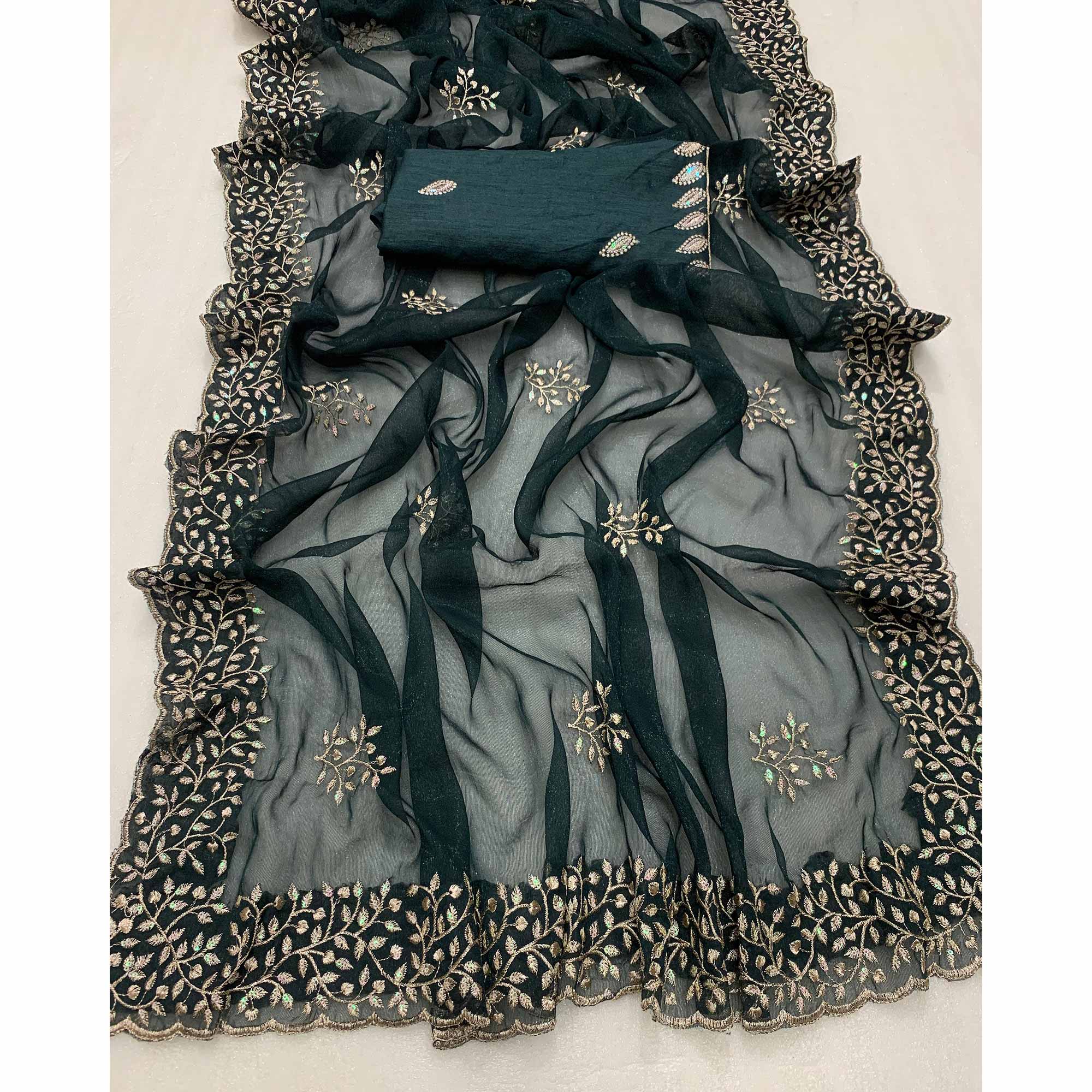 Teal Sequins Embroidered Shimmer Silk Saree