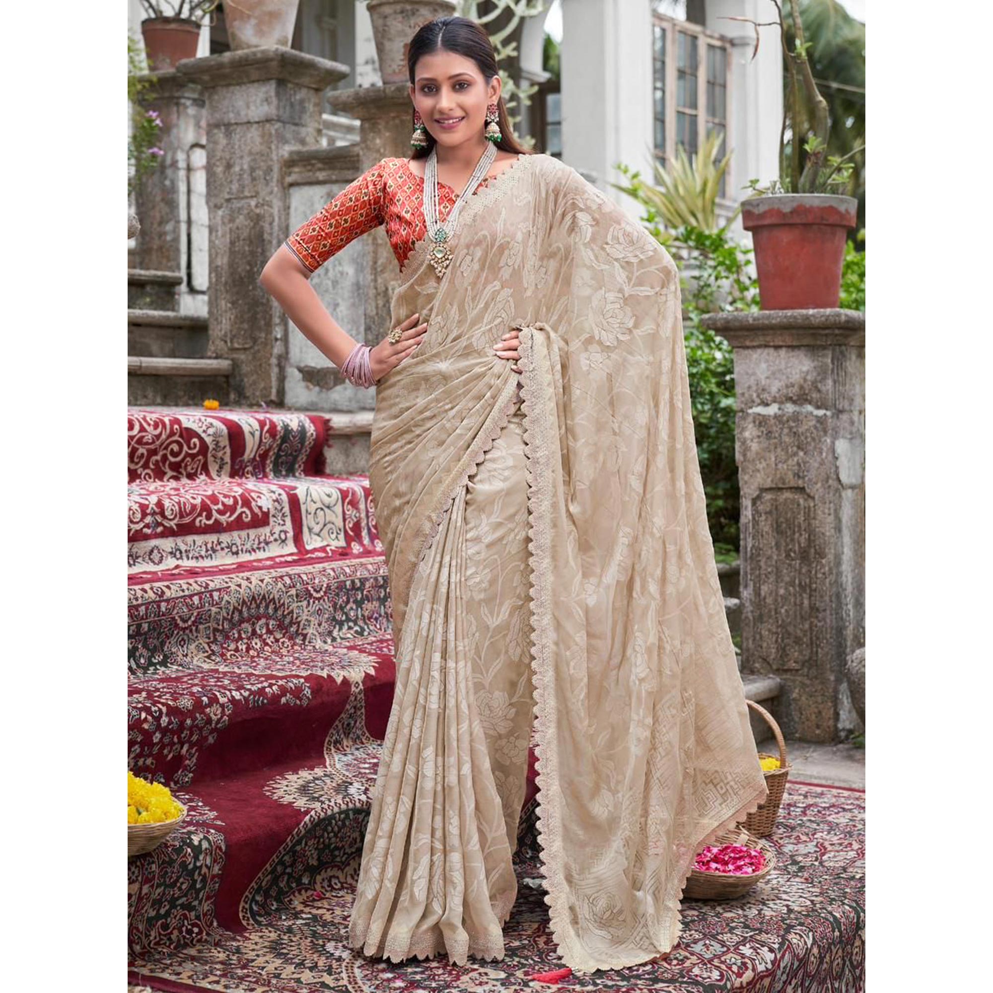 Beige Woven With Swarovski Work Brasso Saree