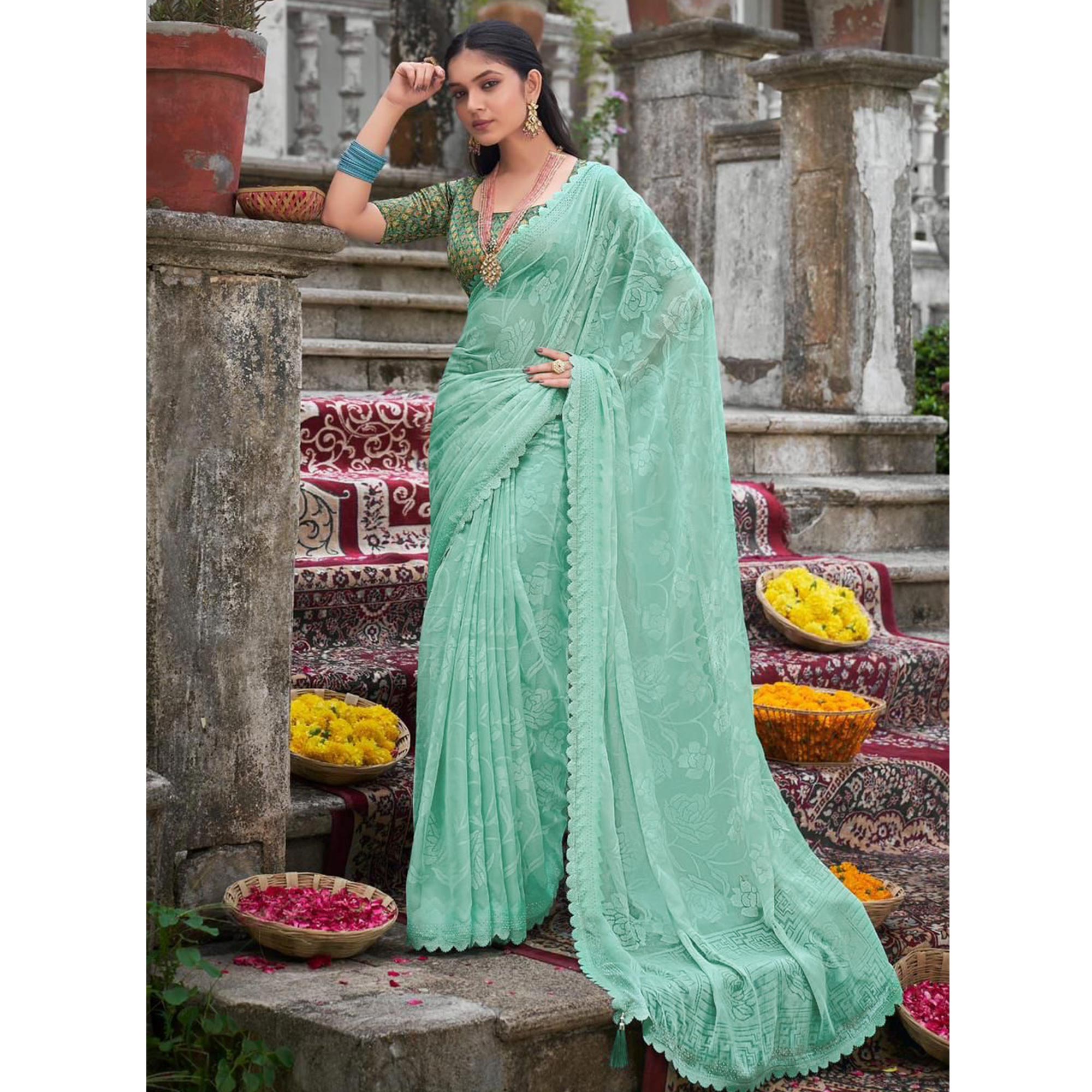 Turquoise Woven With Swarovski Work Brasso Saree